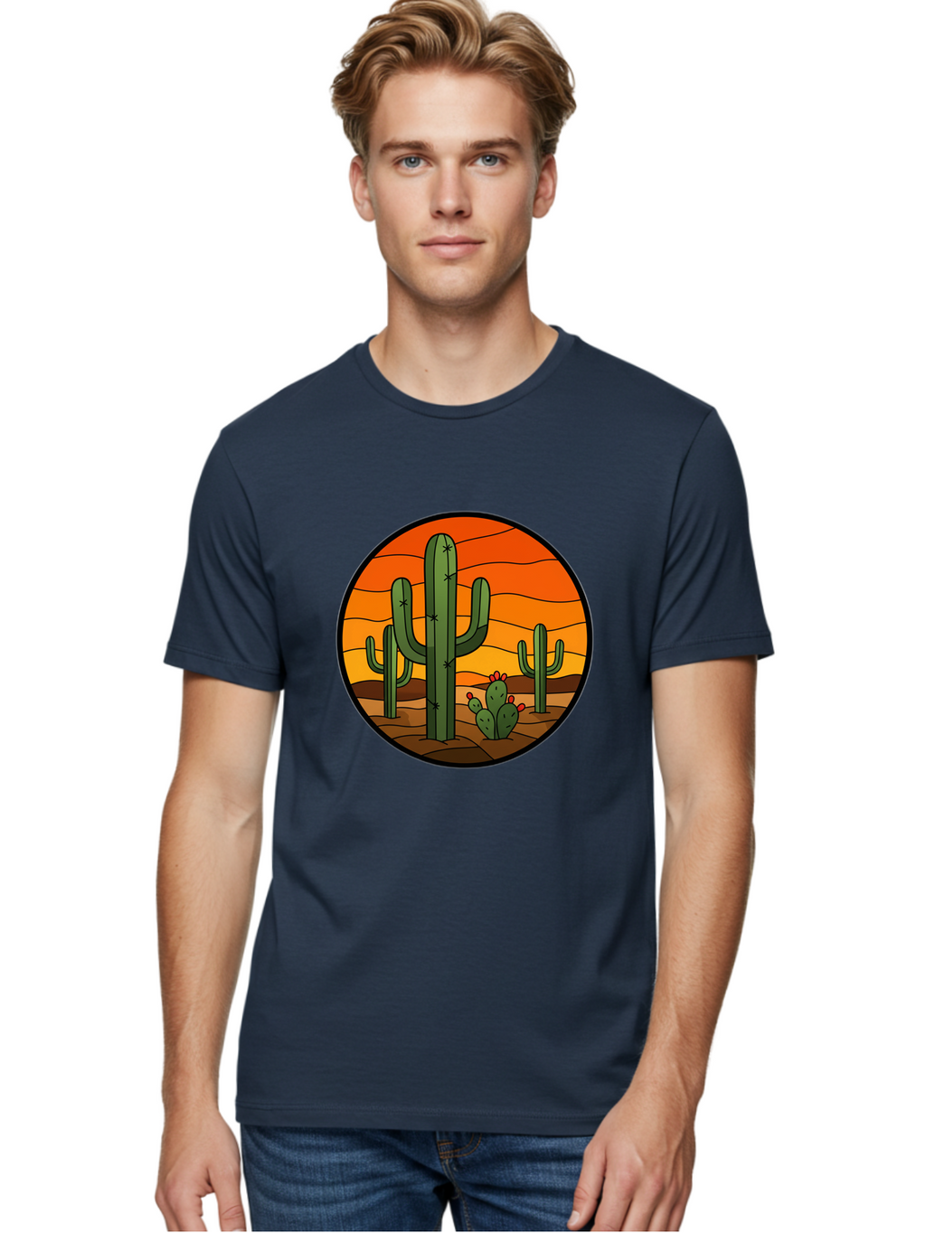 Desert-Cacti-At-Sunset Men'S Graphic Tee, 100% Cotton, Comfortable Casual Summer Wear, Machine Washable, Desert Landscape, Cacti, Saguaro Cactus, Sunset, Orange Sky, Warm Colors, Desert Scenery, Dry Terrain, Prickly Pear Cactus, Bac985