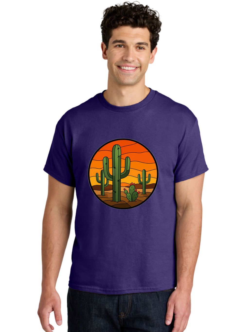 Desert-Cacti-At-Sunset Men'S Graphic Tee, 100% Cotton, Comfortable Casual Summer Wear, Machine Washable, Desert Landscape, Cacti, Saguaro Cactus, Sunset, Orange Sky, Warm Colors, Desert Scenery, Dry Terrain, Prickly Pear Cactus, Bac985