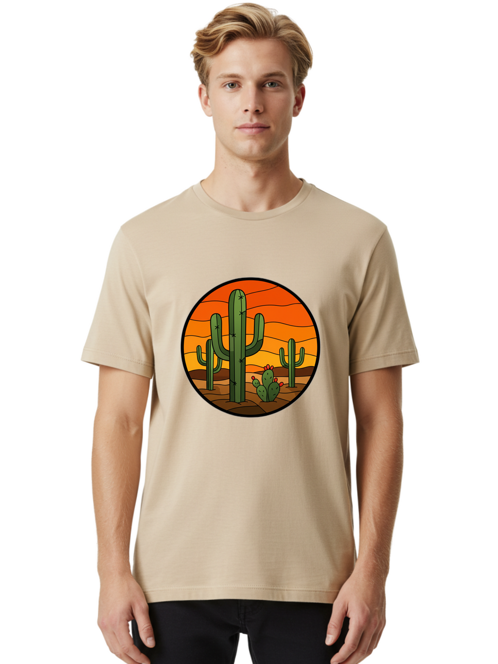 Desert-Cacti-At-Sunset Men'S Graphic Tee, 100% Cotton, Comfortable Casual Summer Wear, Machine Washable, Desert Landscape, Cacti, Saguaro Cactus, Sunset, Orange Sky, Warm Colors, Desert Scenery, Dry Terrain, Prickly Pear Cactus, Bac985