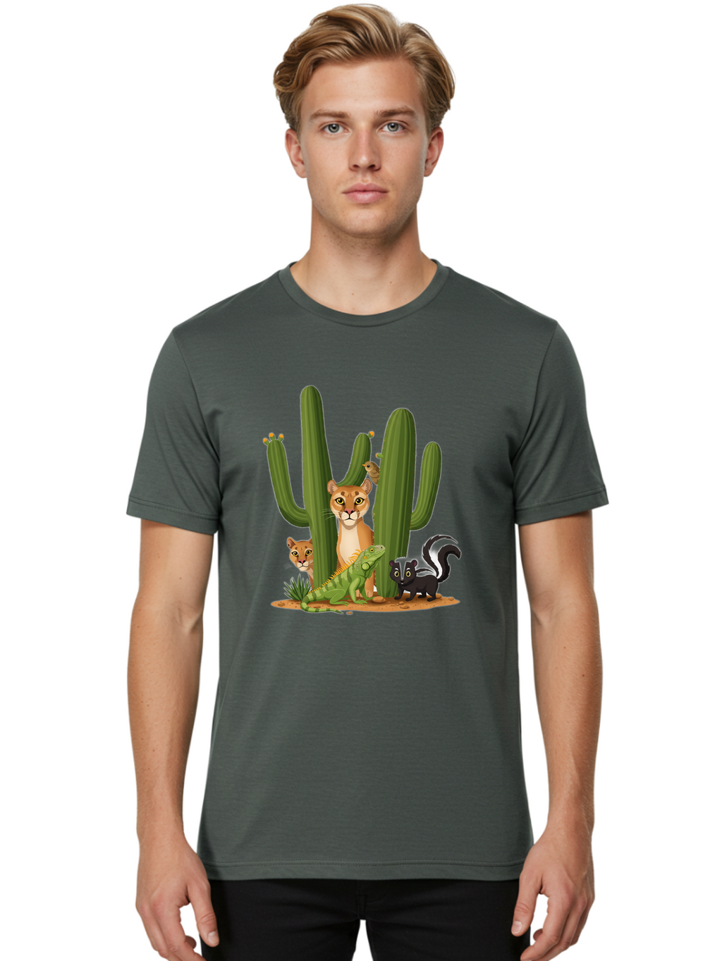 Desert-Fauna Men'S Graphic Tee, 100% Cotton, Comfortable Casual Summer Wear, Machine Washable, Cartoon Mountain Lion, Cactus, Kitten, Lizard, Skunk, Desert Animals, Wildlife, Cartoon Wildlife, Funny Animals, Desert Scenery, Cuddly Animals Bac986