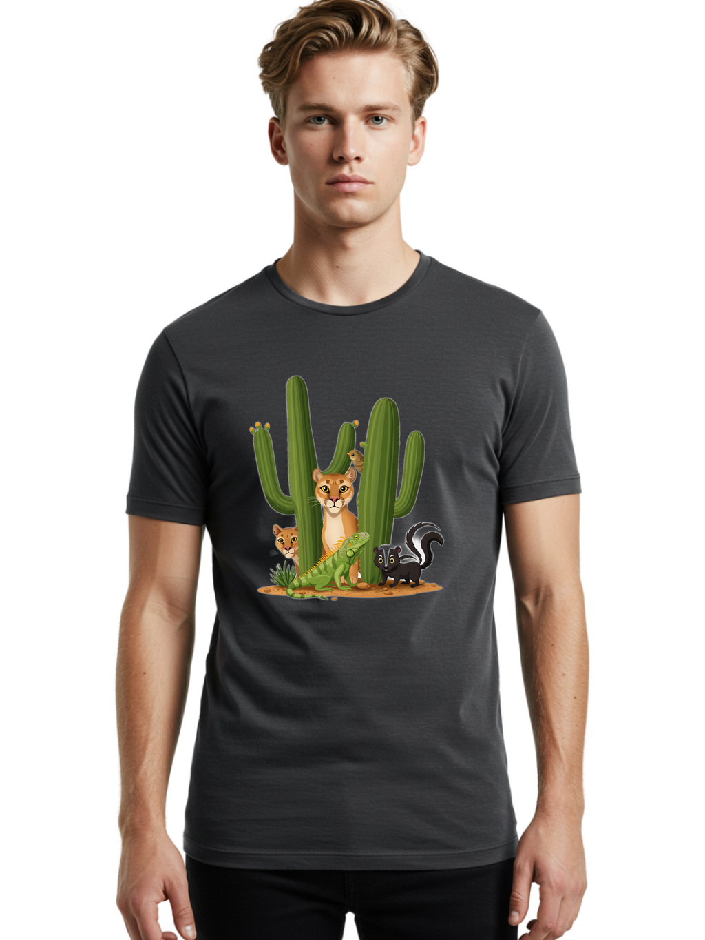 Desert-Fauna Men'S Graphic Tee, 100% Cotton, Comfortable Casual Summer Wear, Machine Washable, Cartoon Mountain Lion, Cactus, Kitten, Lizard, Skunk, Desert Animals, Wildlife, Cartoon Wildlife, Funny Animals, Desert Scenery, Cuddly Animals Bac986