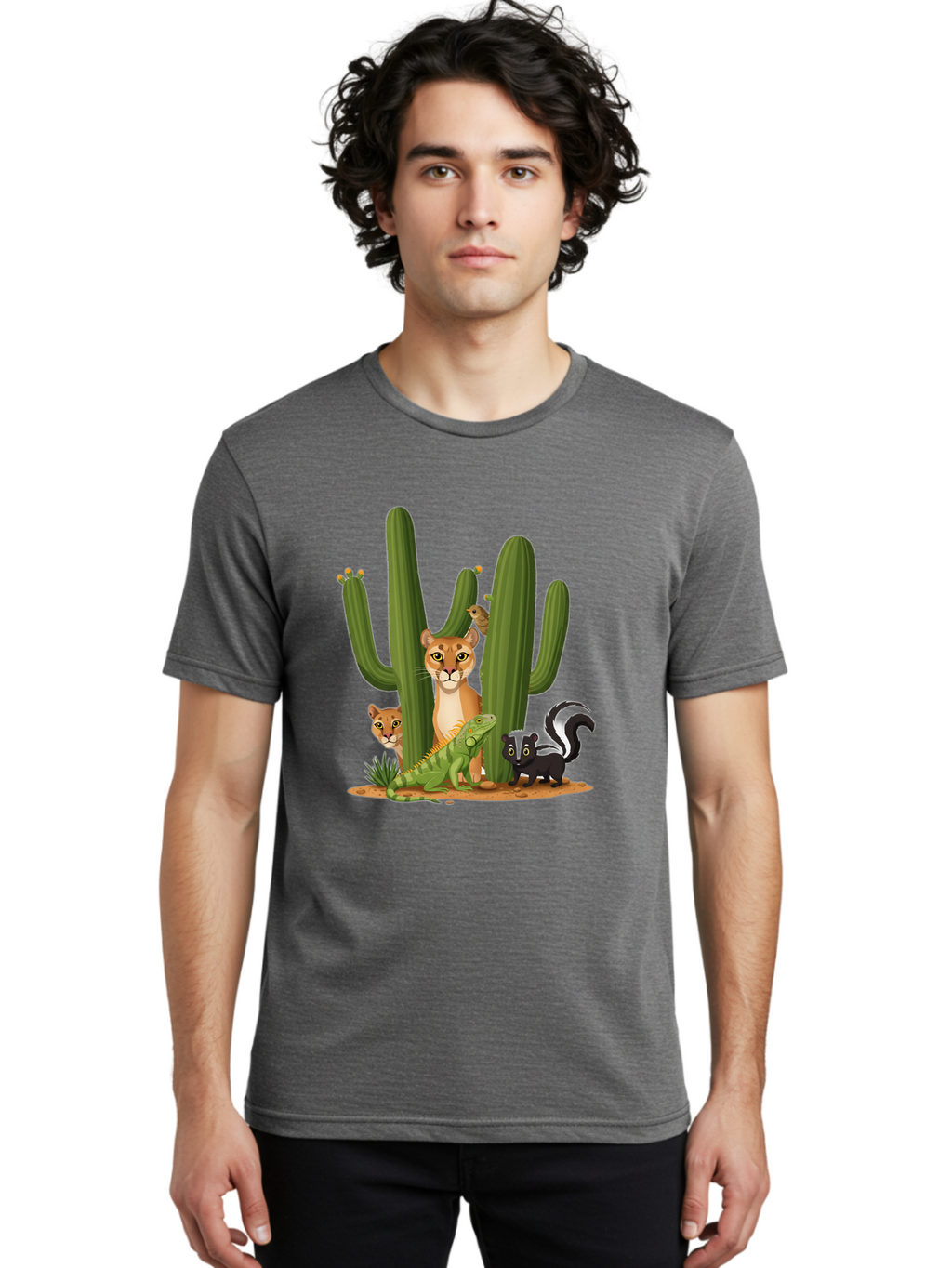 Desert-Fauna Men'S Graphic Tee, 100% Cotton, Comfortable Casual Summer Wear, Machine Washable, Cartoon Mountain Lion, Cactus, Kitten, Lizard, Skunk, Desert Animals, Wildlife, Cartoon Wildlife, Funny Animals, Desert Scenery, Cuddly Animals Bac986