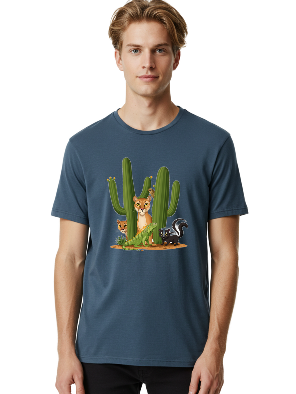 Desert-Fauna Men'S Graphic Tee, 100% Cotton, Comfortable Casual Summer Wear, Machine Washable, Cartoon Mountain Lion, Cactus, Kitten, Lizard, Skunk, Desert Animals, Wildlife, Cartoon Wildlife, Funny Animals, Desert Scenery, Cuddly Animals Bac986