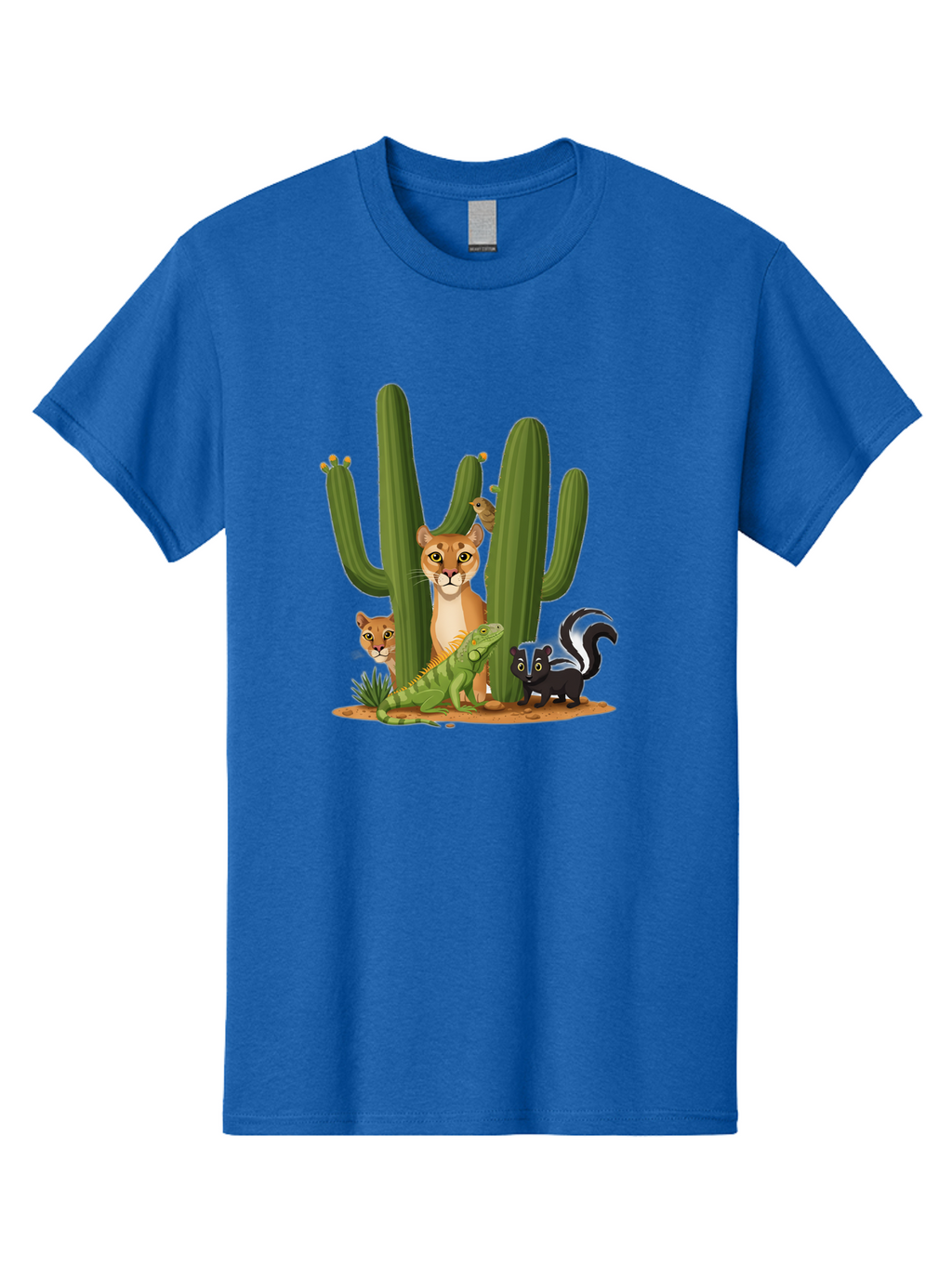 Desert-Fauna Men'S Graphic Tee, 100% Cotton, Comfortable Casual Summer Wear, Machine Washable, Cartoon Mountain Lion, Cactus, Kitten, Lizard, Skunk, Desert Animals, Wildlife, Cartoon Wildlife, Funny Animals, Desert Scenery, Cuddly Animals Bac986