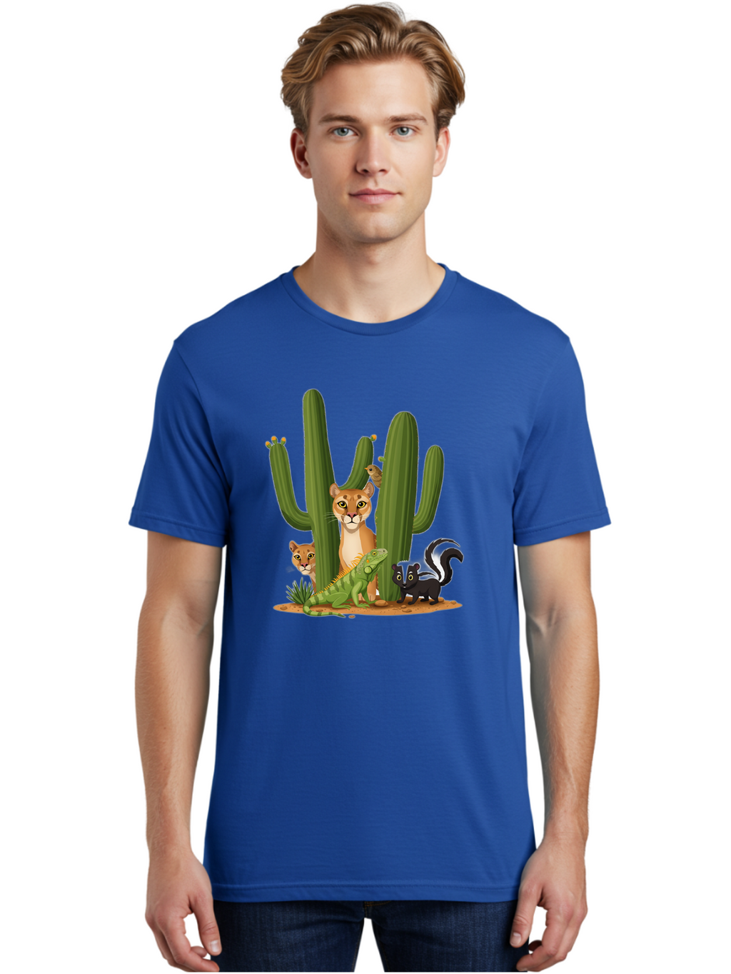 Desert-Fauna Men'S Graphic Tee, 100% Cotton, Comfortable Casual Summer Wear, Machine Washable, Cartoon Mountain Lion, Cactus, Kitten, Lizard, Skunk, Desert Animals, Wildlife, Cartoon Wildlife, Funny Animals, Desert Scenery, Cuddly Animals Bac986