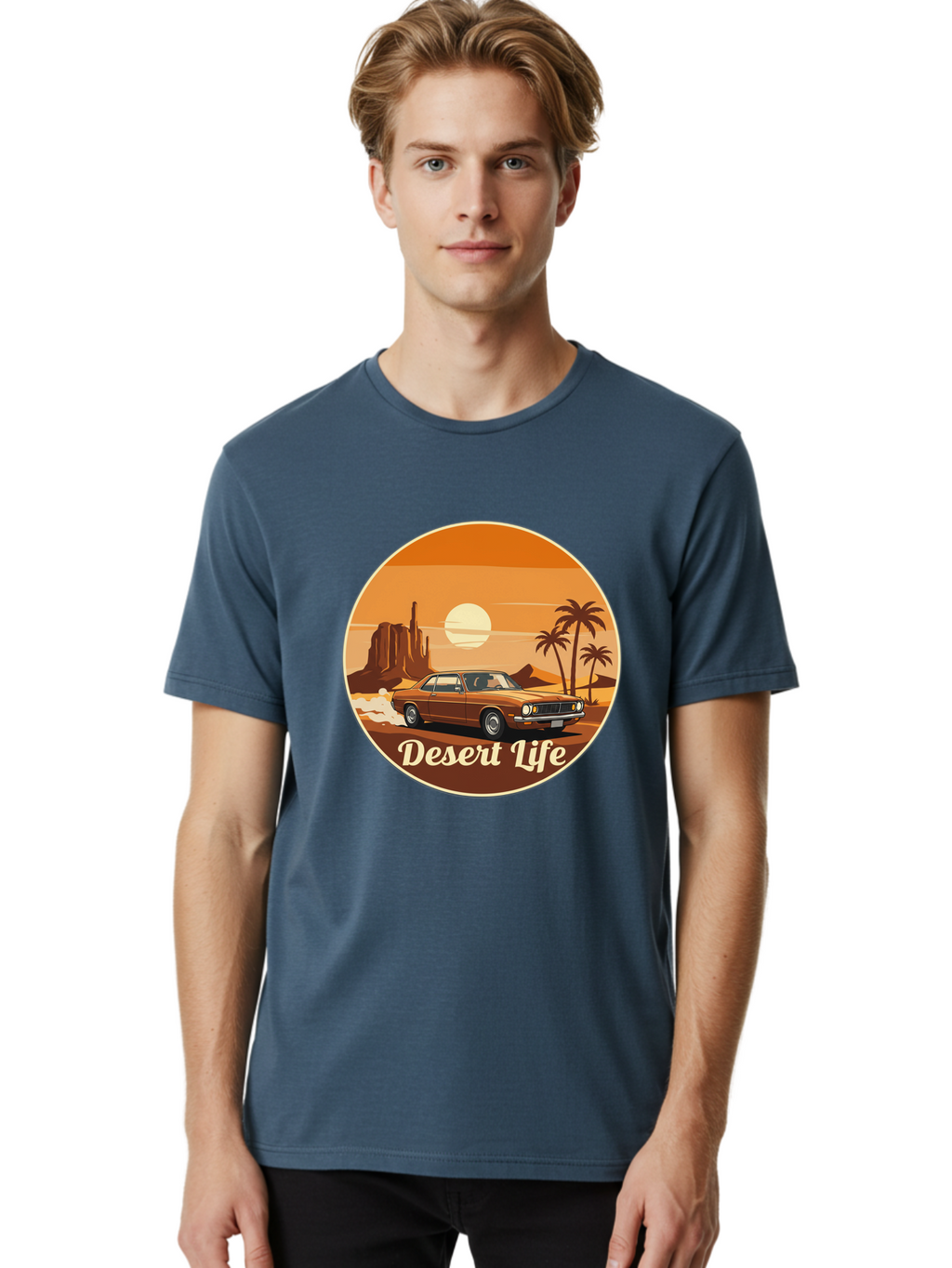 Desert-Life-1 Men'S Graphic Tee, 100% Cotton, Comfortable Casual Summer Wear, Machine Washable, Vintage Car, Desert Landscape, Rocky Formation, Palm Trees, Sunset, Orange Hues, Classic Automobile, Adventure, Travel, Freedom, Nostalgia, Bac987