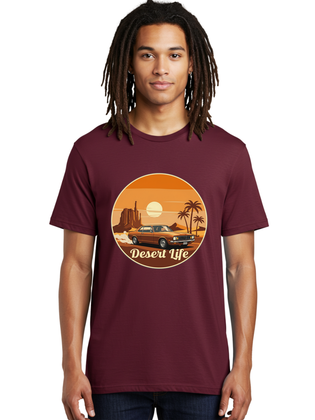 Desert-Life-1 Men'S Graphic Tee, 100% Cotton, Comfortable Casual Summer Wear, Machine Washable, Vintage Car, Desert Landscape, Rocky Formation, Palm Trees, Sunset, Orange Hues, Classic Automobile, Adventure, Travel, Freedom, Nostalgia, Bac987
