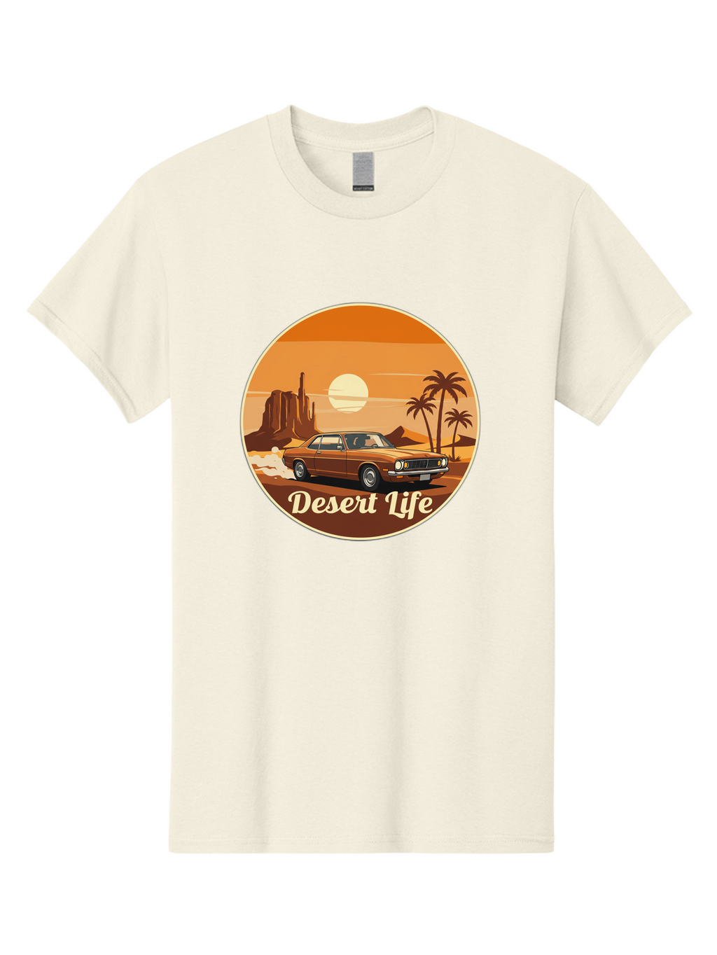 Desert-Life-1 Men'S Graphic Tee, 100% Cotton, Comfortable Casual Summer Wear, Machine Washable, Vintage Car, Desert Landscape, Rocky Formation, Palm Trees, Sunset, Orange Hues, Classic Automobile, Adventure, Travel, Freedom, Nostalgia, Bac987