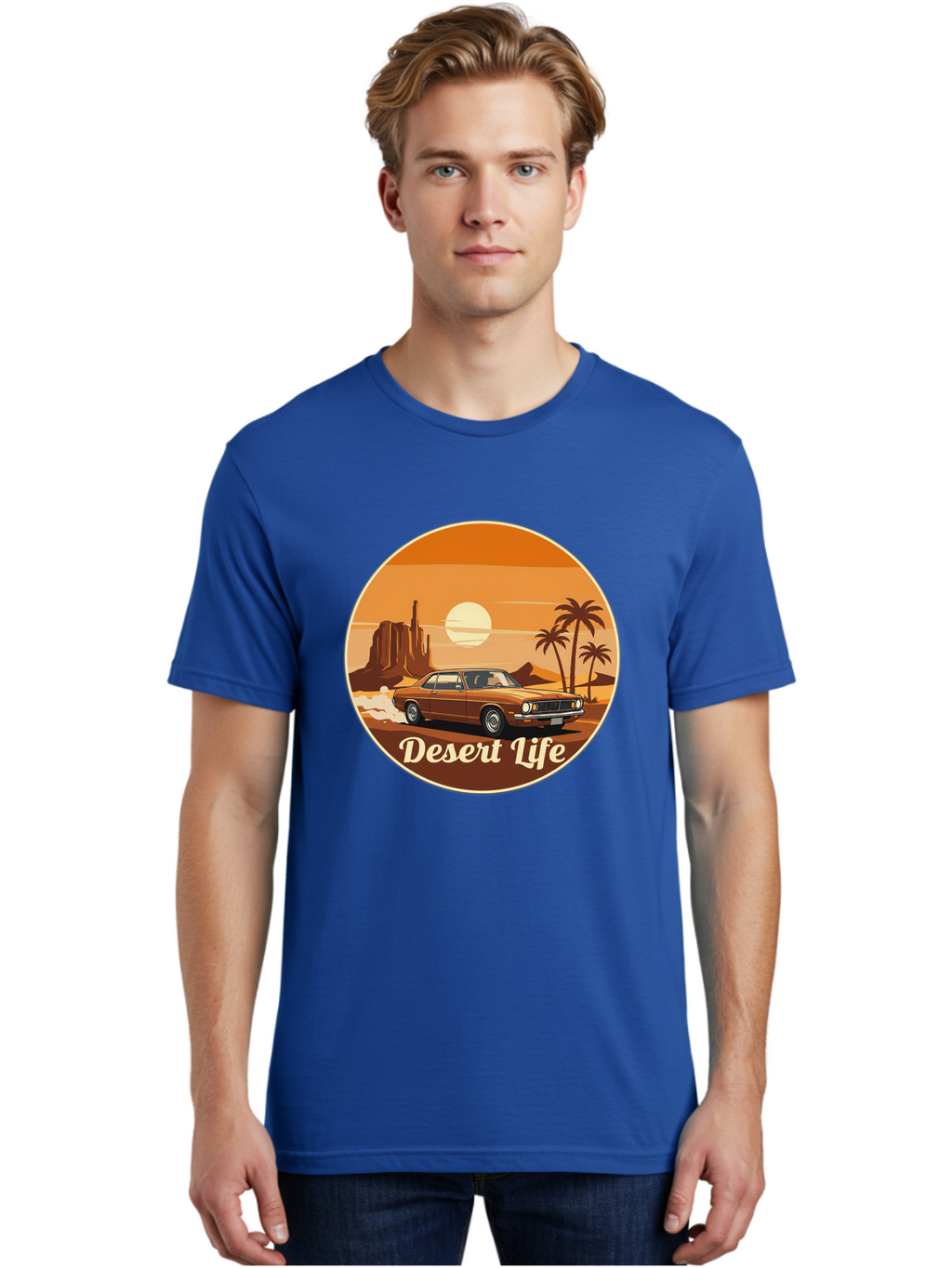 Desert-Life-1 Men'S Graphic Tee, 100% Cotton, Comfortable Casual Summer Wear, Machine Washable, Vintage Car, Desert Landscape, Rocky Formation, Palm Trees, Sunset, Orange Hues, Classic Automobile, Adventure, Travel, Freedom, Nostalgia, Bac987