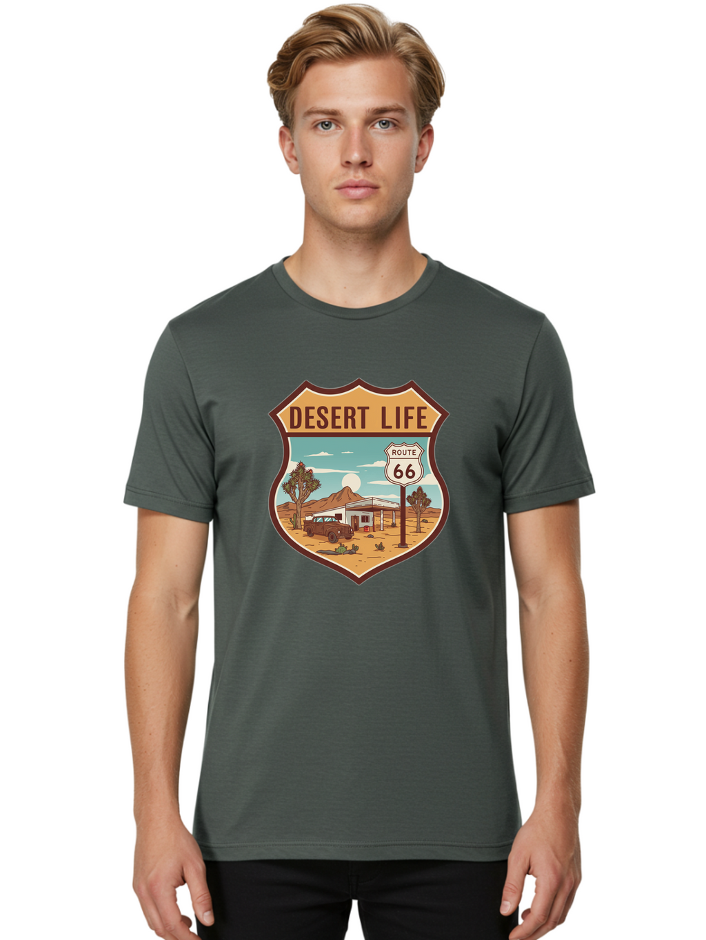 Desert-Life-2 Men'S Graphic Tee, 100% Cotton, Comfortable Casual Summer Wear, Machine Washable, Route 66, Desert Landscape, Vintage Truck, Retro-Style, Road Trip Adventure, Vintage Car, Route 66 Sign, Cacti, Mountains, Open Road, Bac988