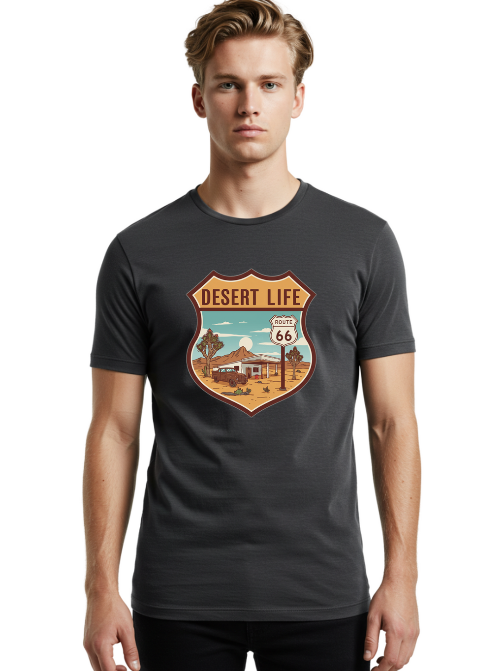 Desert-Life-2 Men'S Graphic Tee, 100% Cotton, Comfortable Casual Summer Wear, Machine Washable, Route 66, Desert Landscape, Vintage Truck, Retro-Style, Road Trip Adventure, Vintage Car, Route 66 Sign, Cacti, Mountains, Open Road, Bac988