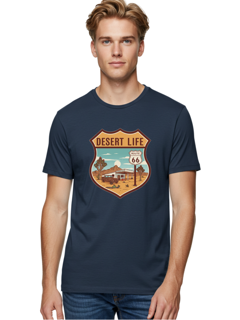 Desert-Life-2 Men'S Graphic Tee, 100% Cotton, Comfortable Casual Summer Wear, Machine Washable, Route 66, Desert Landscape, Vintage Truck, Retro-Style, Road Trip Adventure, Vintage Car, Route 66 Sign, Cacti, Mountains, Open Road, Bac988