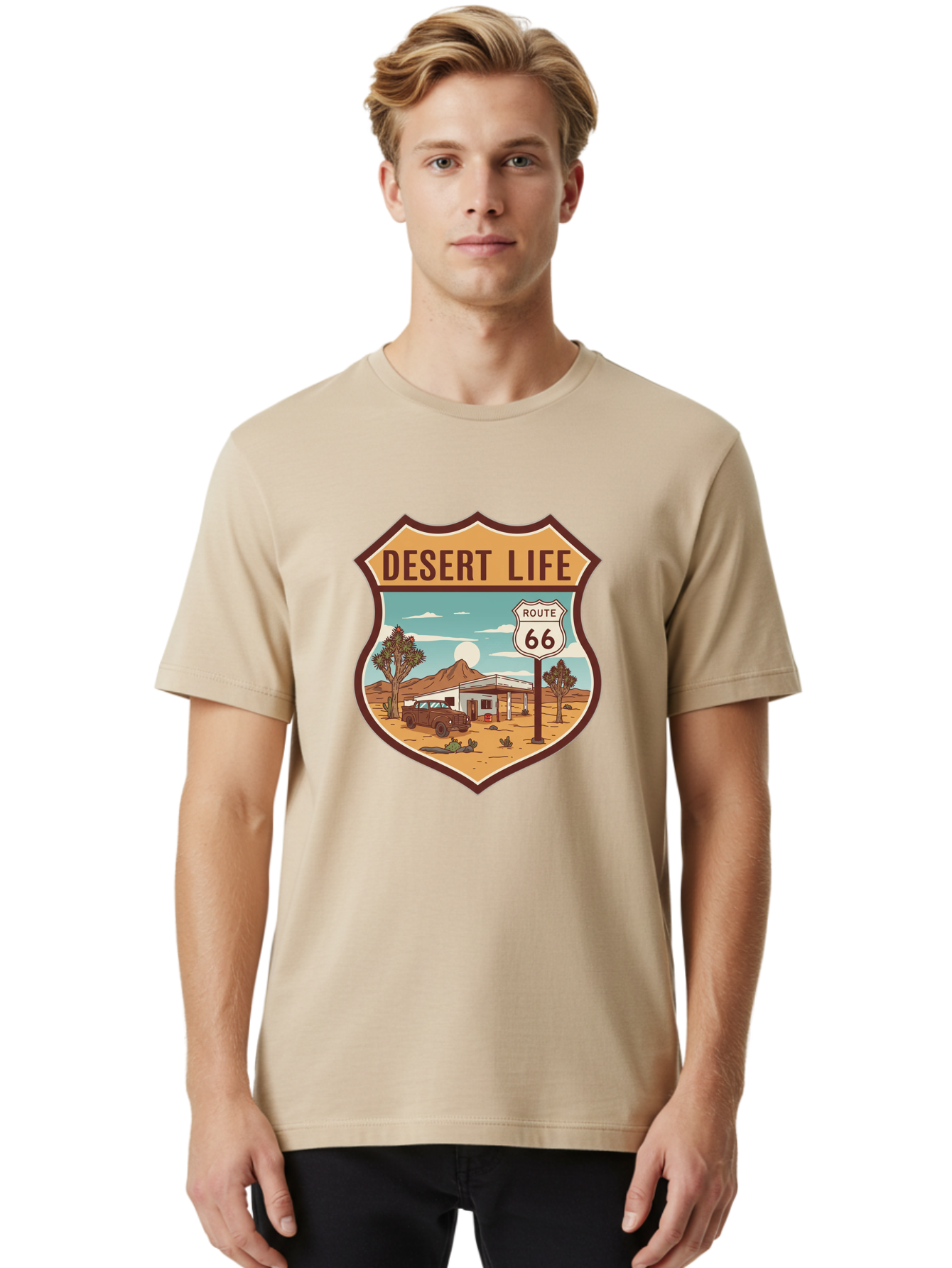 Desert-Life-2 Men'S Graphic Tee, 100% Cotton, Comfortable Casual Summer Wear, Machine Washable, Route 66, Desert Landscape, Vintage Truck, Retro-Style, Road Trip Adventure, Vintage Car, Route 66 Sign, Cacti, Mountains, Open Road, Bac988