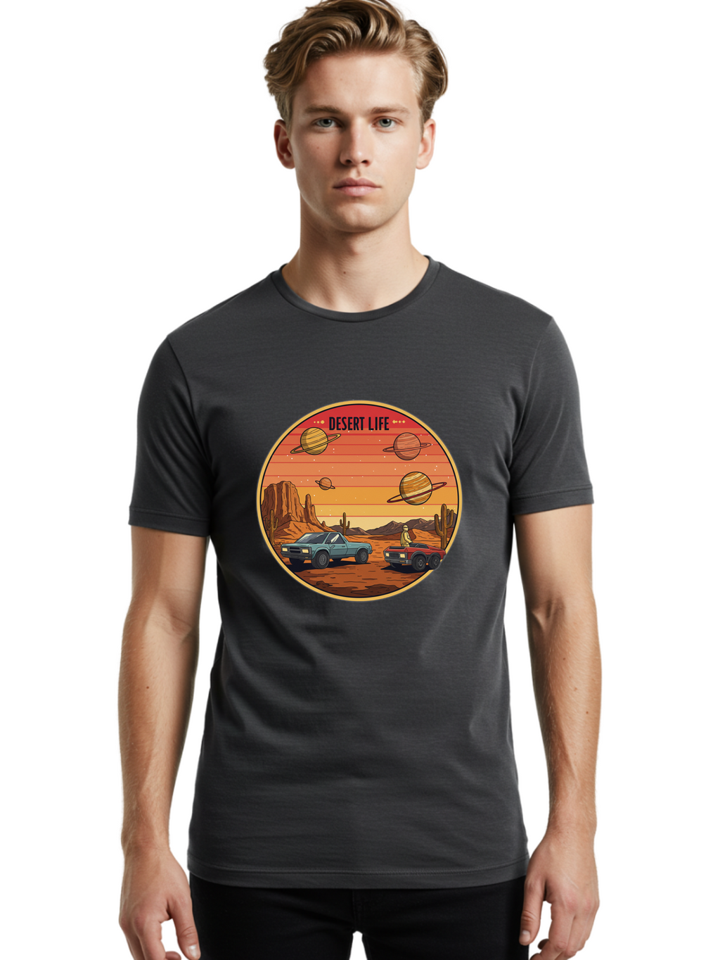 Desert-Life-3 Men'S Graphic Tee, 100% Cotton, Comfortable Casual Summer Wear, Machine Washable, Desert Landscape, Vintage Cars, Futuristic Planets, Rocky Terrain, Orange Sunset, Adventure Scene, Retro-Futuristic, Space Travel, Bac989