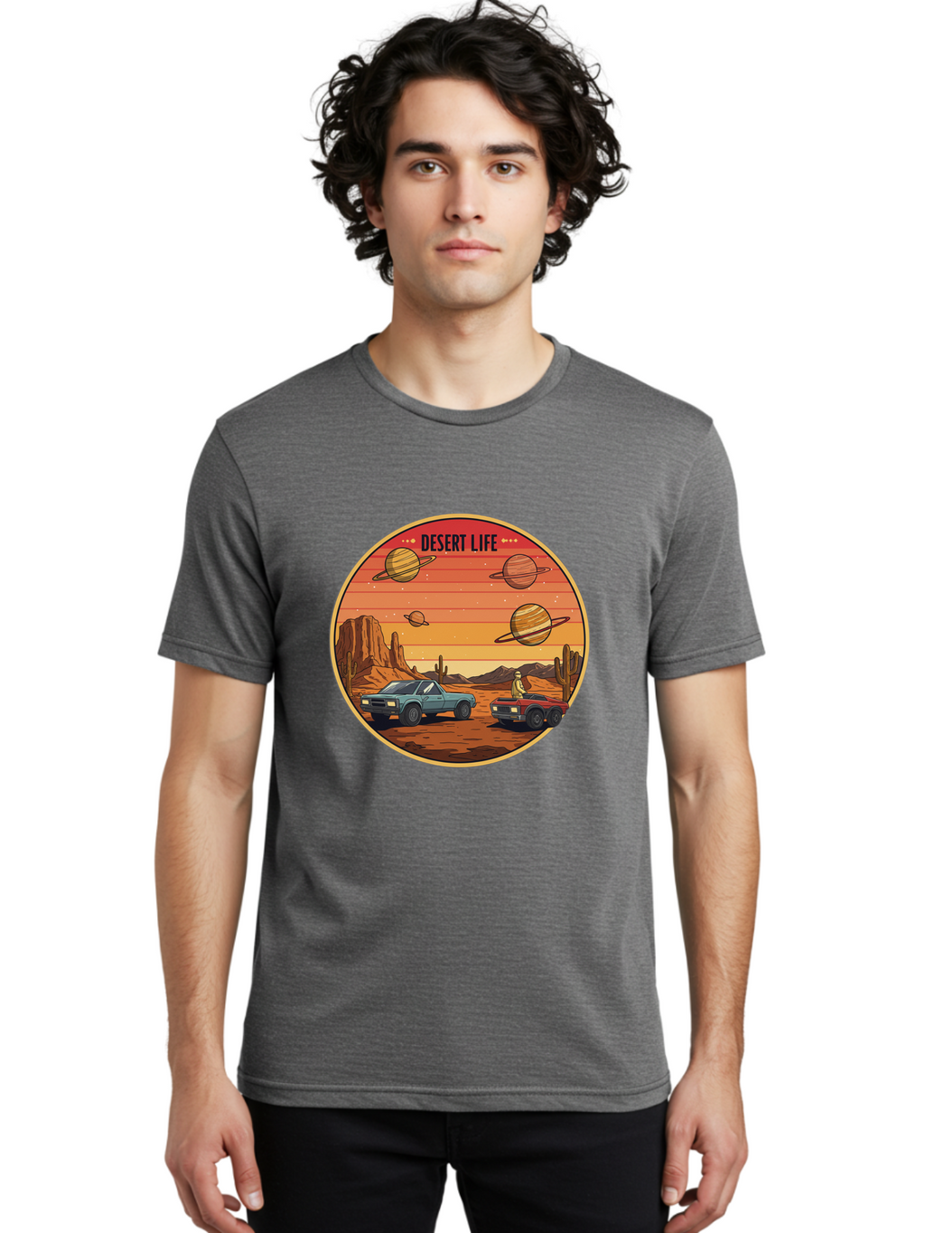 Desert-Life-3 Men'S Graphic Tee, 100% Cotton, Comfortable Casual Summer Wear, Machine Washable, Desert Landscape, Vintage Cars, Futuristic Planets, Rocky Terrain, Orange Sunset, Adventure Scene, Retro-Futuristic, Space Travel, Bac989