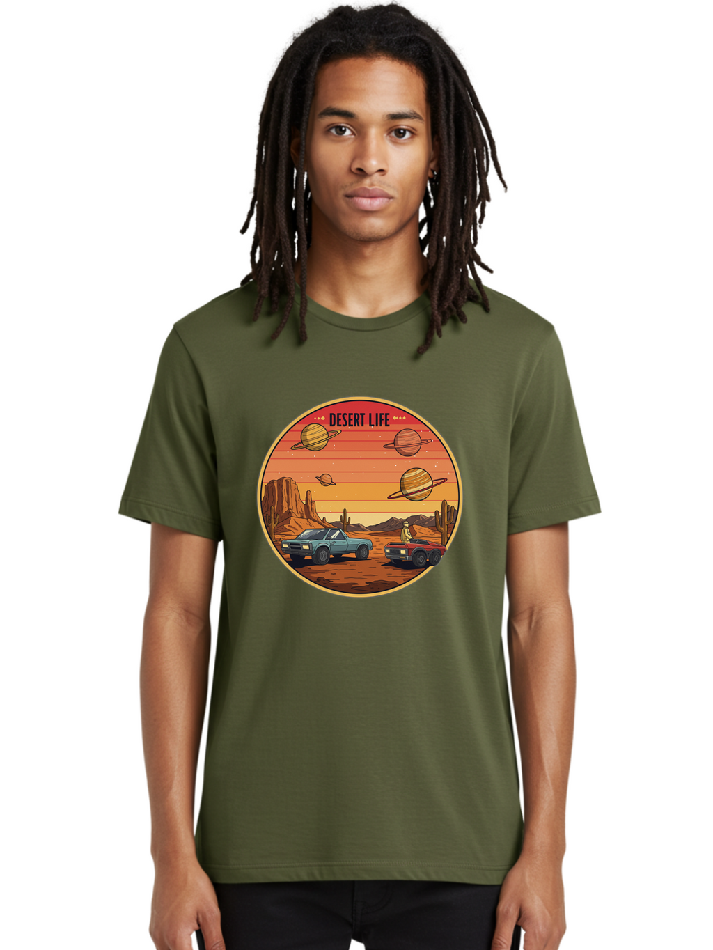 Desert-Life-3 Men'S Graphic Tee, 100% Cotton, Comfortable Casual Summer Wear, Machine Washable, Desert Landscape, Vintage Cars, Futuristic Planets, Rocky Terrain, Orange Sunset, Adventure Scene, Retro-Futuristic, Space Travel, Bac989