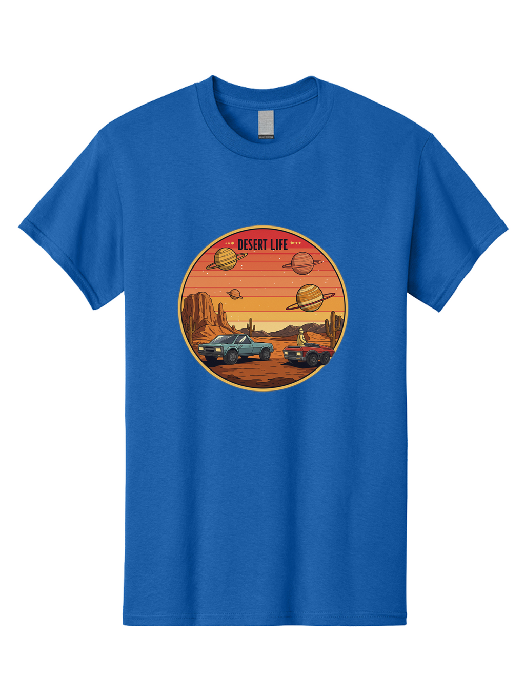 Desert-Life-3 Men'S Graphic Tee, 100% Cotton, Comfortable Casual Summer Wear, Machine Washable, Desert Landscape, Vintage Cars, Futuristic Planets, Rocky Terrain, Orange Sunset, Adventure Scene, Retro-Futuristic, Space Travel, Bac989