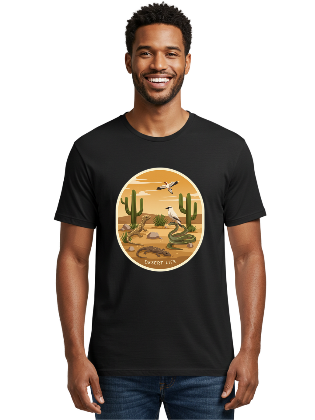 Desert-Life-4 Men'S Graphic Tee, 100% Cotton, Comfortable Casual Summer Wear, Machine Washable, Desert Wildlife, Cacti, Lizards, Snakes, Birds, Desert Scenery, Wildlife Habitat, Arid Landscape, Nature Illustration, Outdoor Wildlife, Bac990