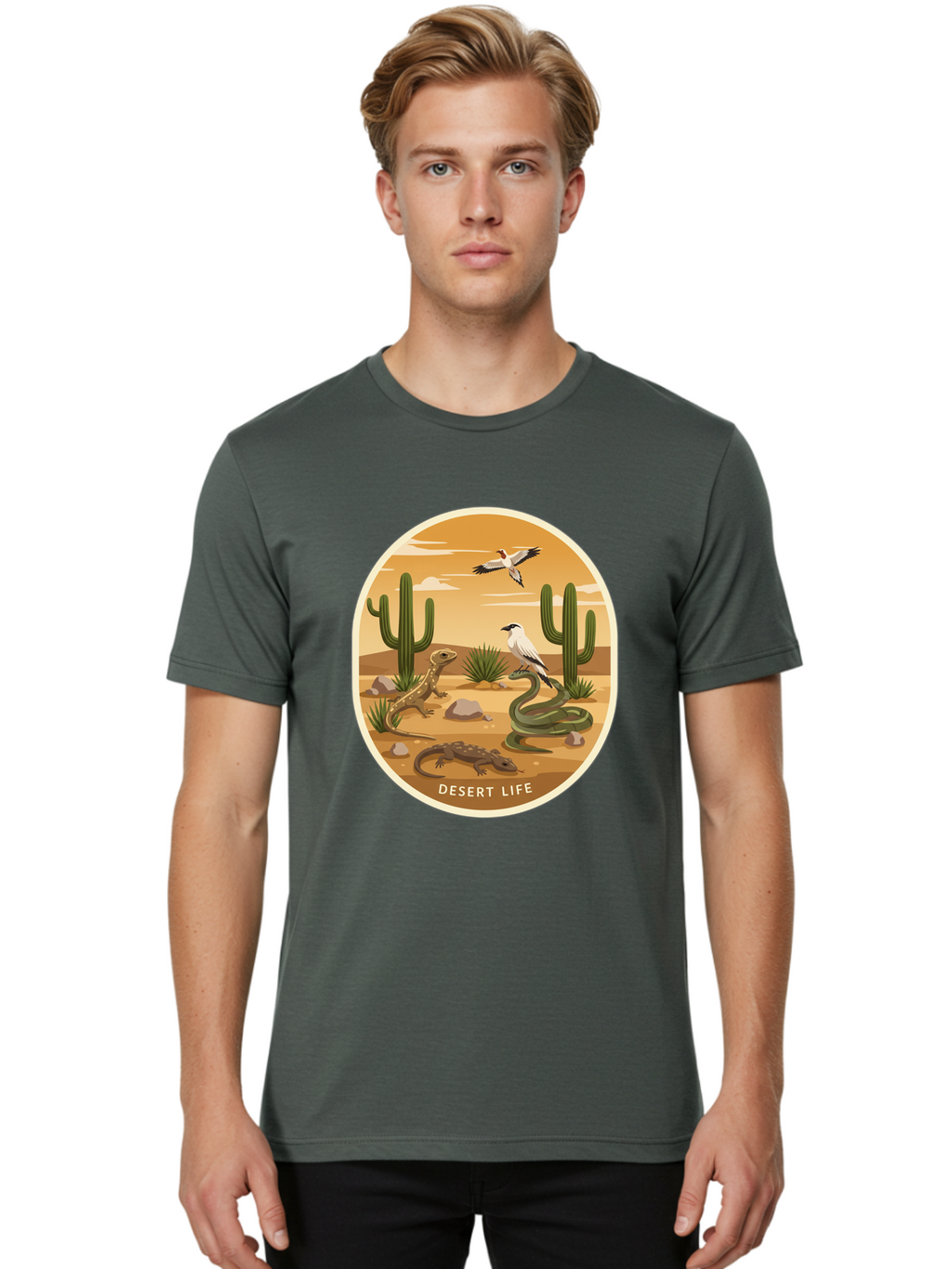 Desert-Life-4 Men'S Graphic Tee, 100% Cotton, Comfortable Casual Summer Wear, Machine Washable, Desert Wildlife, Cacti, Lizards, Snakes, Birds, Desert Scenery, Wildlife Habitat, Arid Landscape, Nature Illustration, Outdoor Wildlife, Bac990