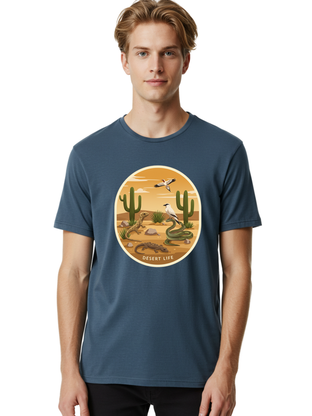 Desert-Life-4 Men'S Graphic Tee, 100% Cotton, Comfortable Casual Summer Wear, Machine Washable, Desert Wildlife, Cacti, Lizards, Snakes, Birds, Desert Scenery, Wildlife Habitat, Arid Landscape, Nature Illustration, Outdoor Wildlife, Bac990