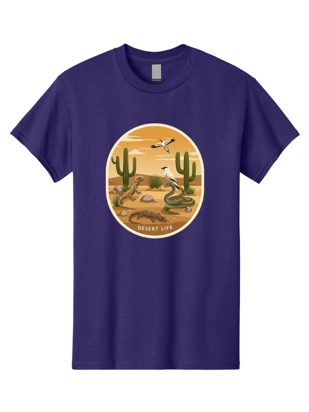Desert-Life-4 Men'S Graphic Tee, 100% Cotton, Comfortable Casual Summer Wear, Machine Washable, Desert Wildlife, Cacti, Lizards, Snakes, Birds, Desert Scenery, Wildlife Habitat, Arid Landscape, Nature Illustration, Outdoor Wildlife, Bac990