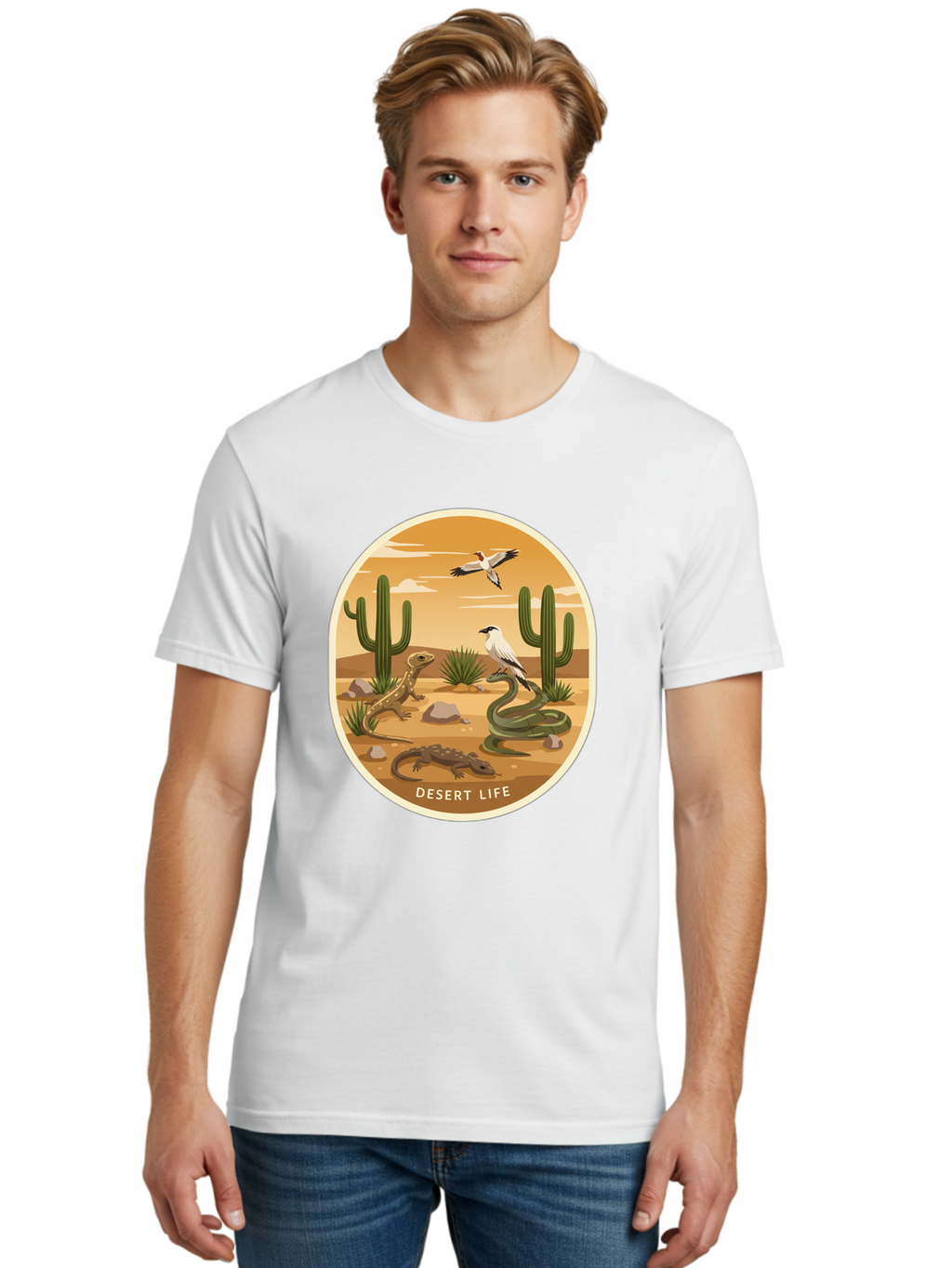 Desert-Life-4 Men'S Graphic Tee, 100% Cotton, Comfortable Casual Summer Wear, Machine Washable, Desert Wildlife, Cacti, Lizards, Snakes, Birds, Desert Scenery, Wildlife Habitat, Arid Landscape, Nature Illustration, Outdoor Wildlife, Bac990