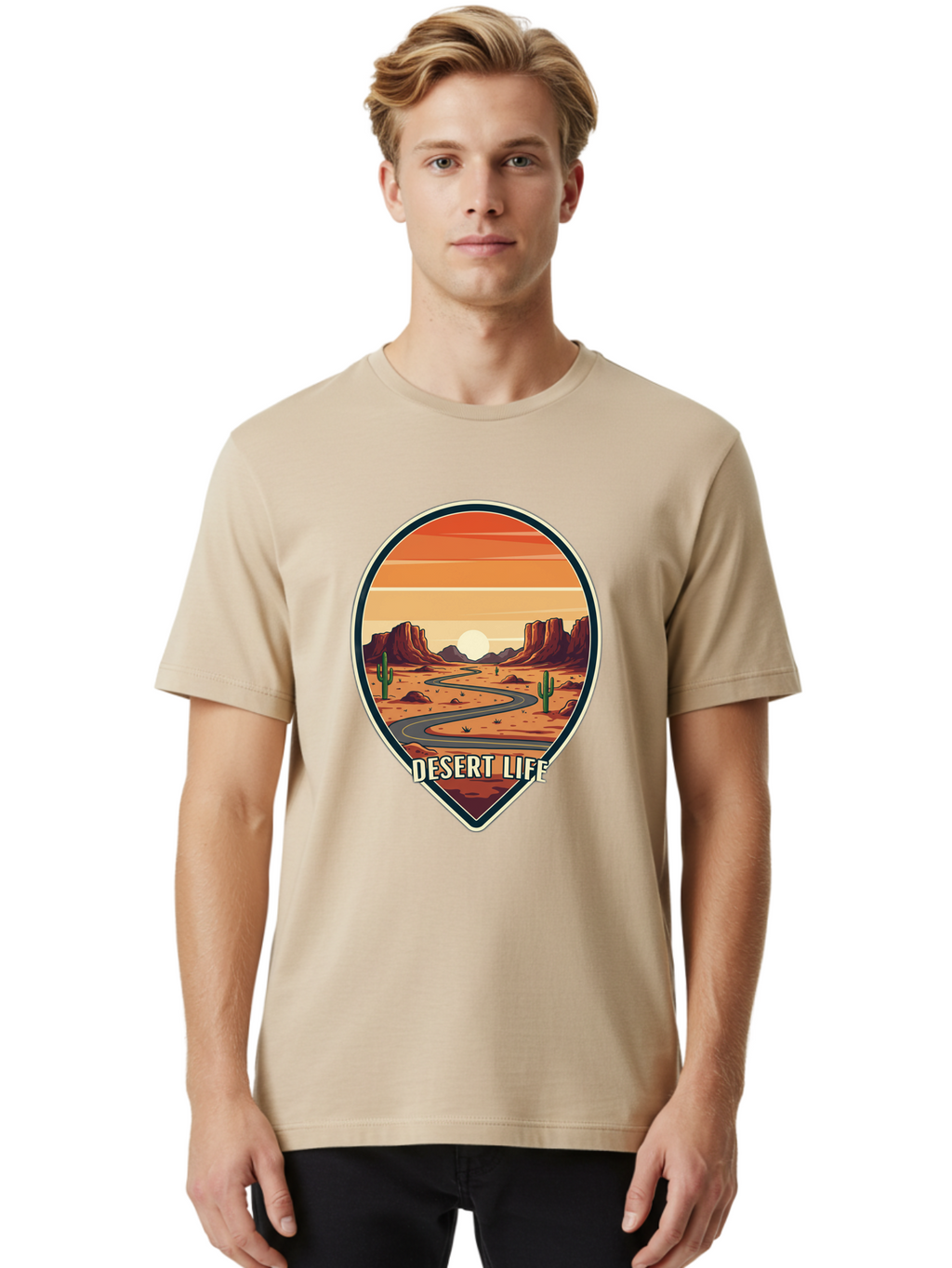 Desert-Life-5 Men'S Graphic Tee, 100% Cotton, Comfortable Casual Summer Wear, Machine Washable, Desert Landscape, Winding Road, Rocky Cliffs, Cacti, Orange Sunset, Desert Scenery, Outdoor Adventure, Travel Inspiration, Serene Atmosphere, Bac991