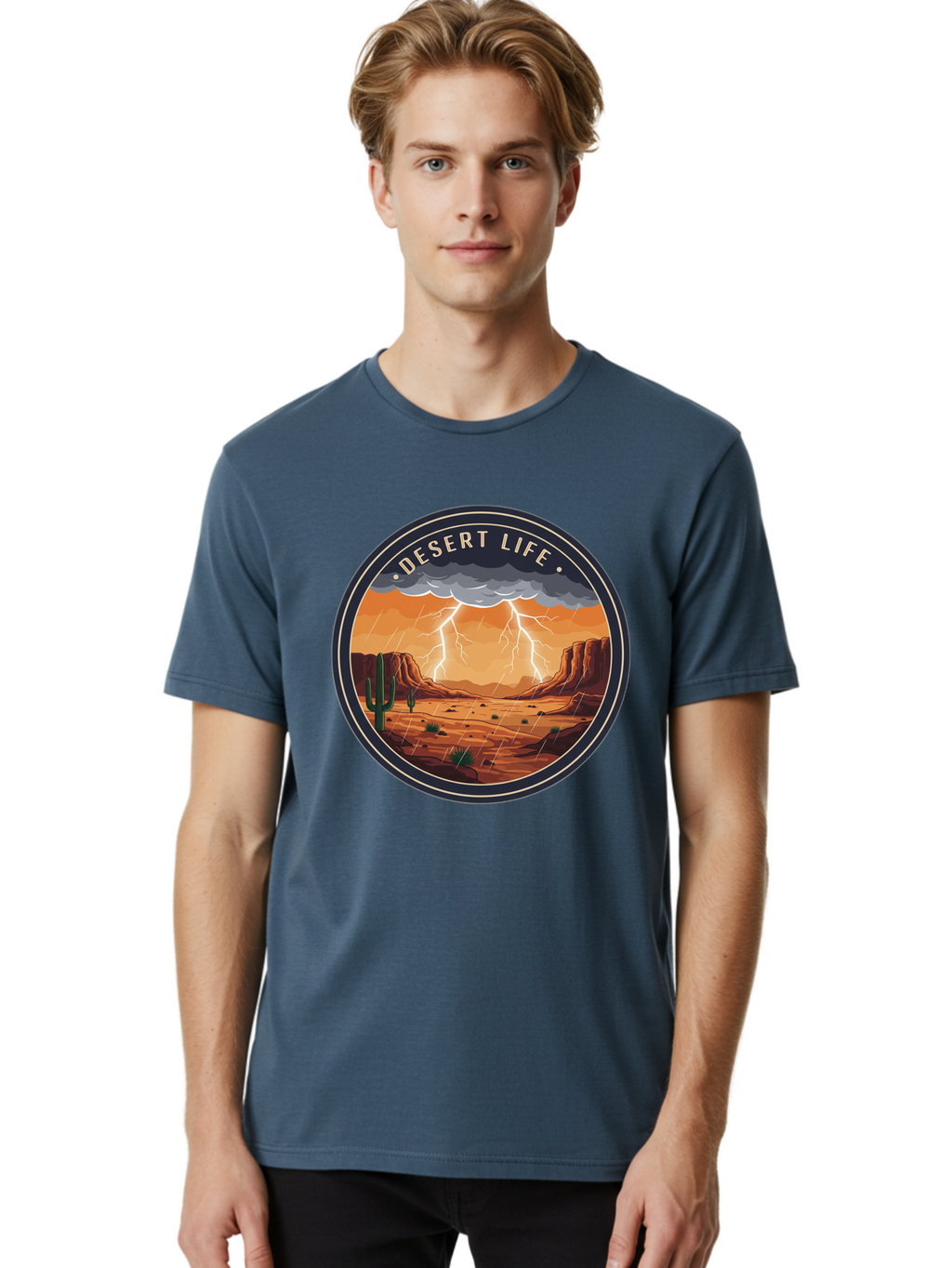 Desert-Life-6 Men'S Graphic Tee, 100% Cotton, Comfortable Casual Summer Wear, Machine Washable, Desert Landscape, Thunderstorm, Desert Storm, Lightning In Desert, Western Scenery, Rocky Terrain, Cactus, Desert Weather, Outdoor Adventure Bac992