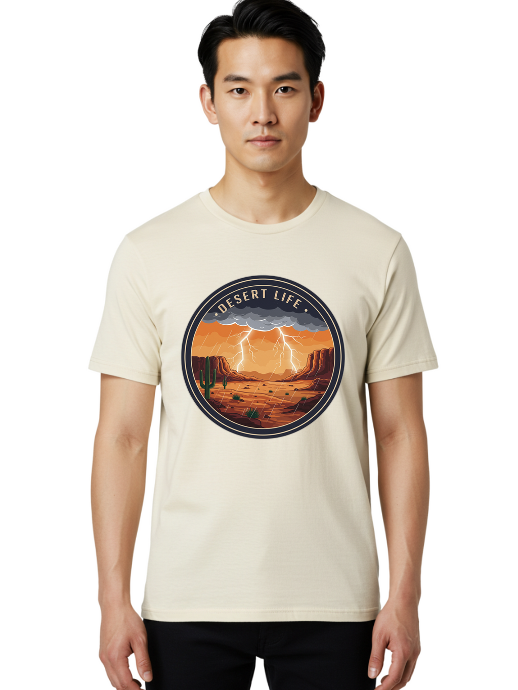 Desert-Life-6 Men'S Graphic Tee, 100% Cotton, Comfortable Casual Summer Wear, Machine Washable, Desert Landscape, Thunderstorm, Desert Storm, Lightning In Desert, Western Scenery, Rocky Terrain, Cactus, Desert Weather, Outdoor Adventure Bac992