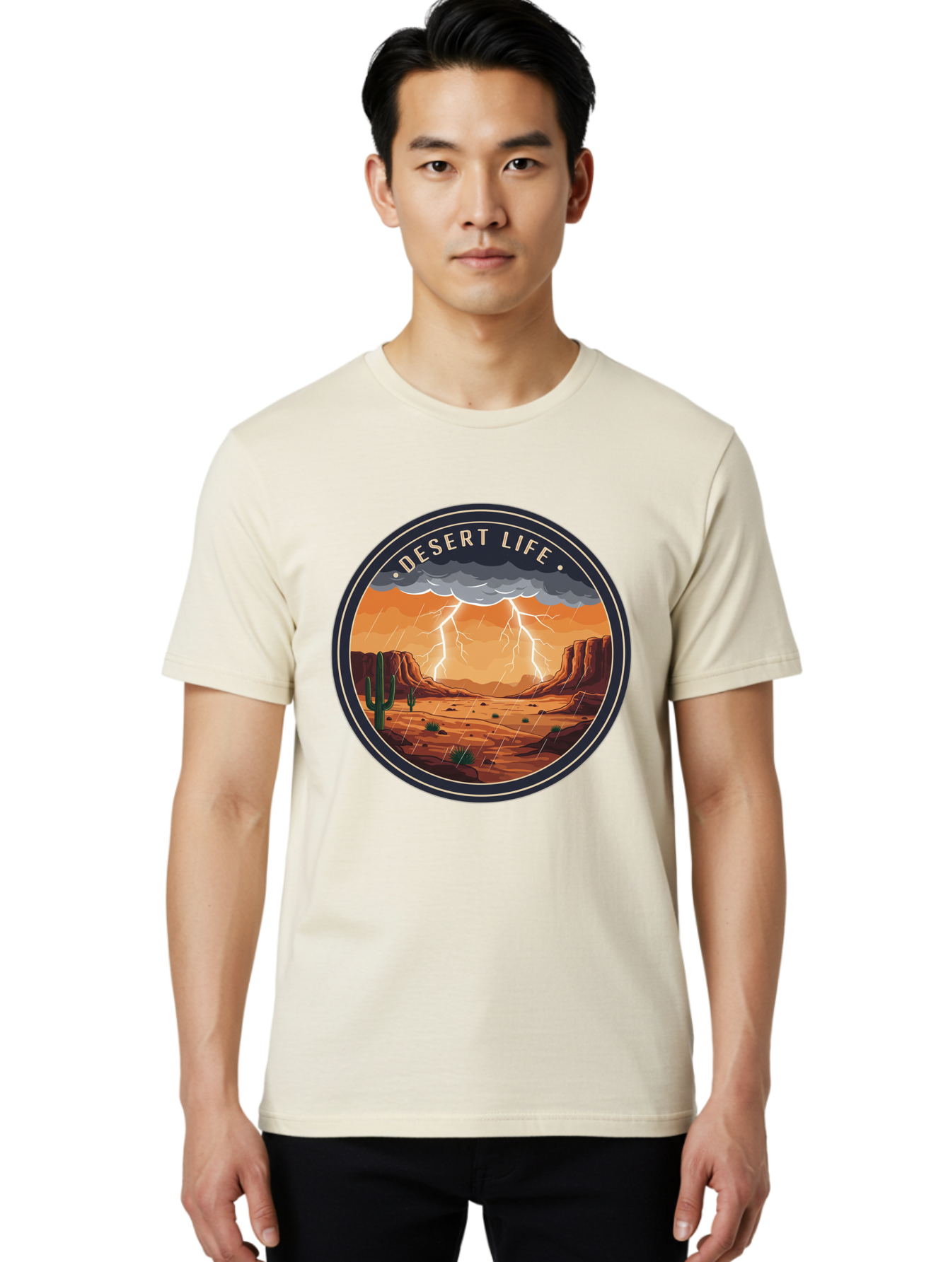 Desert-Life-6 Men'S Graphic Tee, 100% Cotton, Comfortable Casual Summer Wear, Machine Washable, Desert Landscape, Thunderstorm, Desert Storm, Lightning In Desert, Western Scenery, Rocky Terrain, Cactus, Desert Weather, Outdoor Adventure Bac992