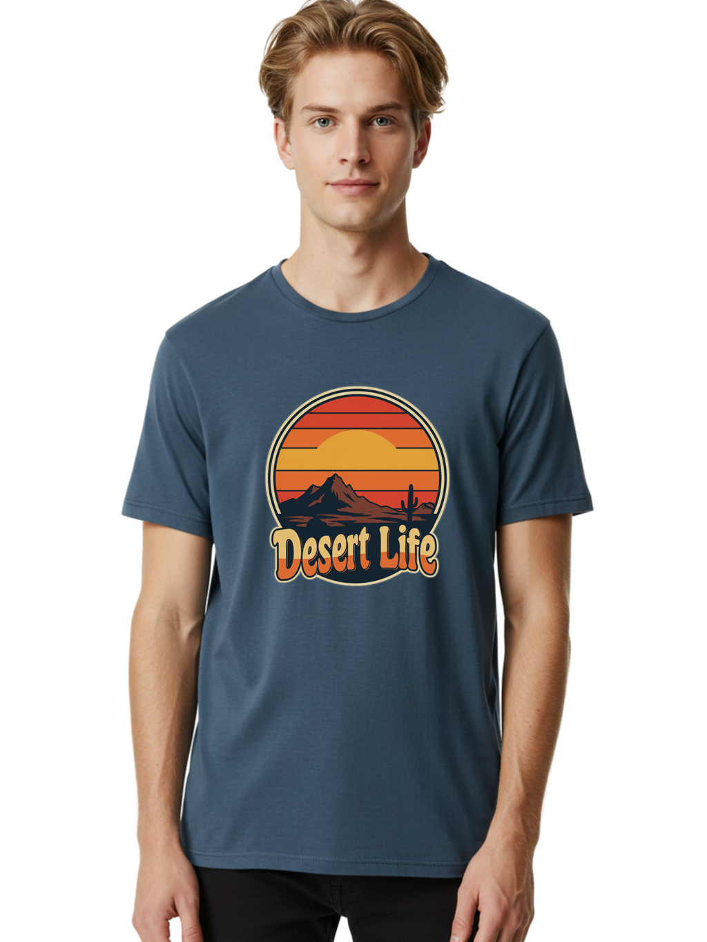 Desert-Life Men'S Graphic Tee, 100% Cotton, Comfortable Casual Summer Wear, Machine Washable, Desert Landscape, Sunset Scene, Mountainous Terrain, Cactus Silhouette, Vibrant Colors, Orange Hues, Desert Scenery, Mountain Peaks, Bac994