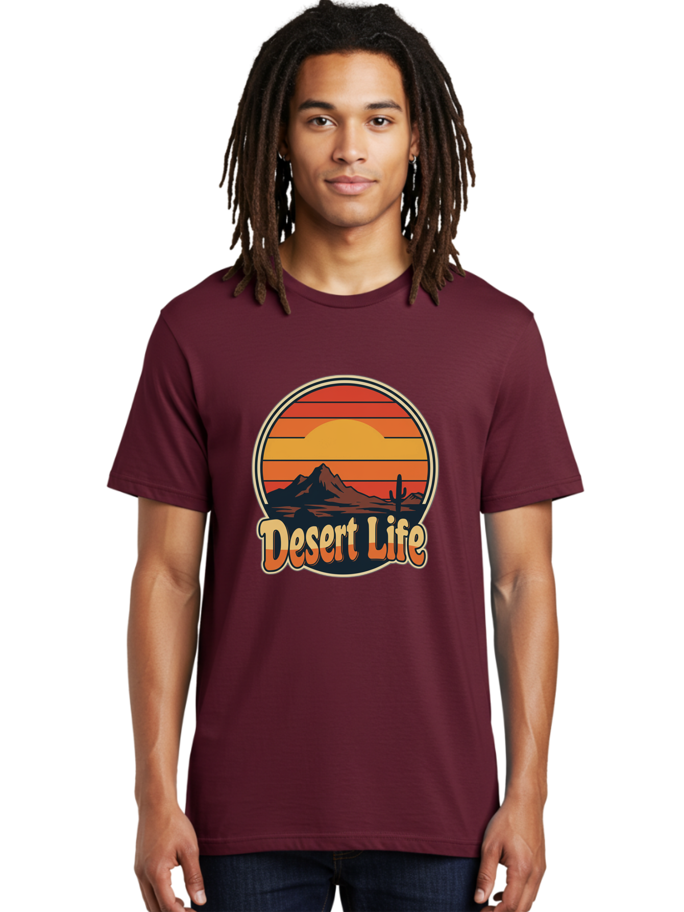 Desert-Life Men'S Graphic Tee, 100% Cotton, Comfortable Casual Summer Wear, Machine Washable, Desert Landscape, Sunset Scene, Mountainous Terrain, Cactus Silhouette, Vibrant Colors, Orange Hues, Desert Scenery, Mountain Peaks, Bac994