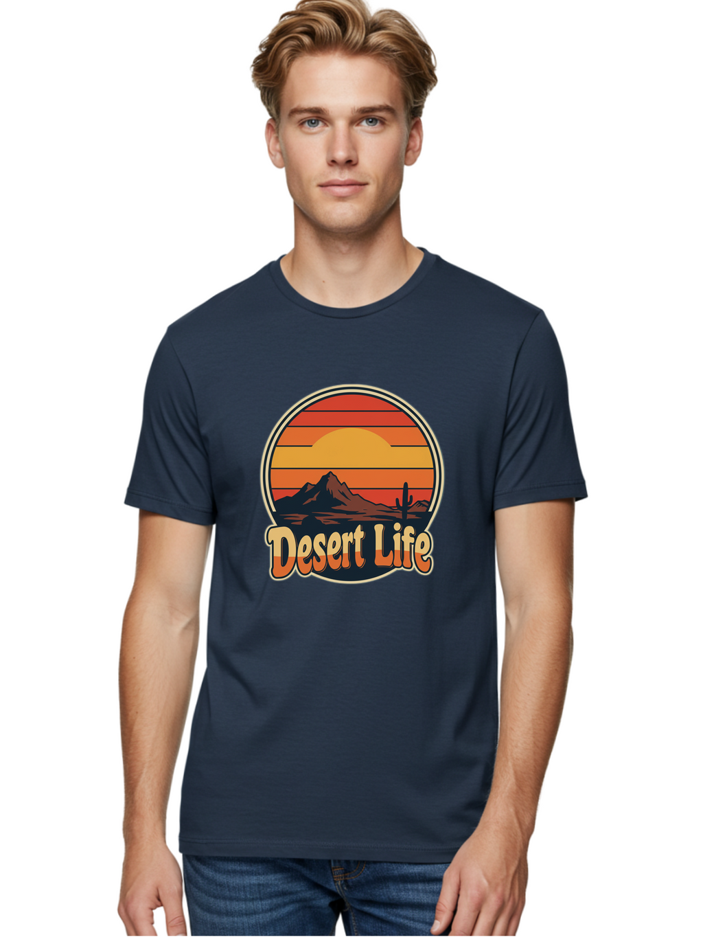 Desert-Life Men'S Graphic Tee, 100% Cotton, Comfortable Casual Summer Wear, Machine Washable, Desert Landscape, Sunset Scene, Mountainous Terrain, Cactus Silhouette, Vibrant Colors, Orange Hues, Desert Scenery, Mountain Peaks, Bac994