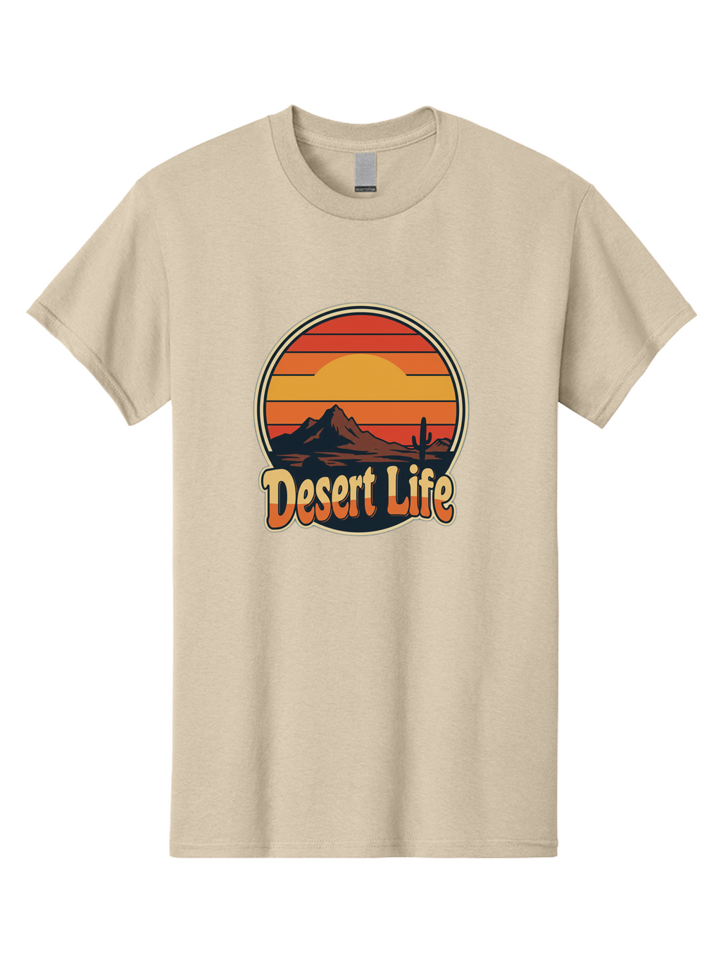 Desert-Life Men'S Graphic Tee, 100% Cotton, Comfortable Casual Summer Wear, Machine Washable, Desert Landscape, Sunset Scene, Mountainous Terrain, Cactus Silhouette, Vibrant Colors, Orange Hues, Desert Scenery, Mountain Peaks, Bac994