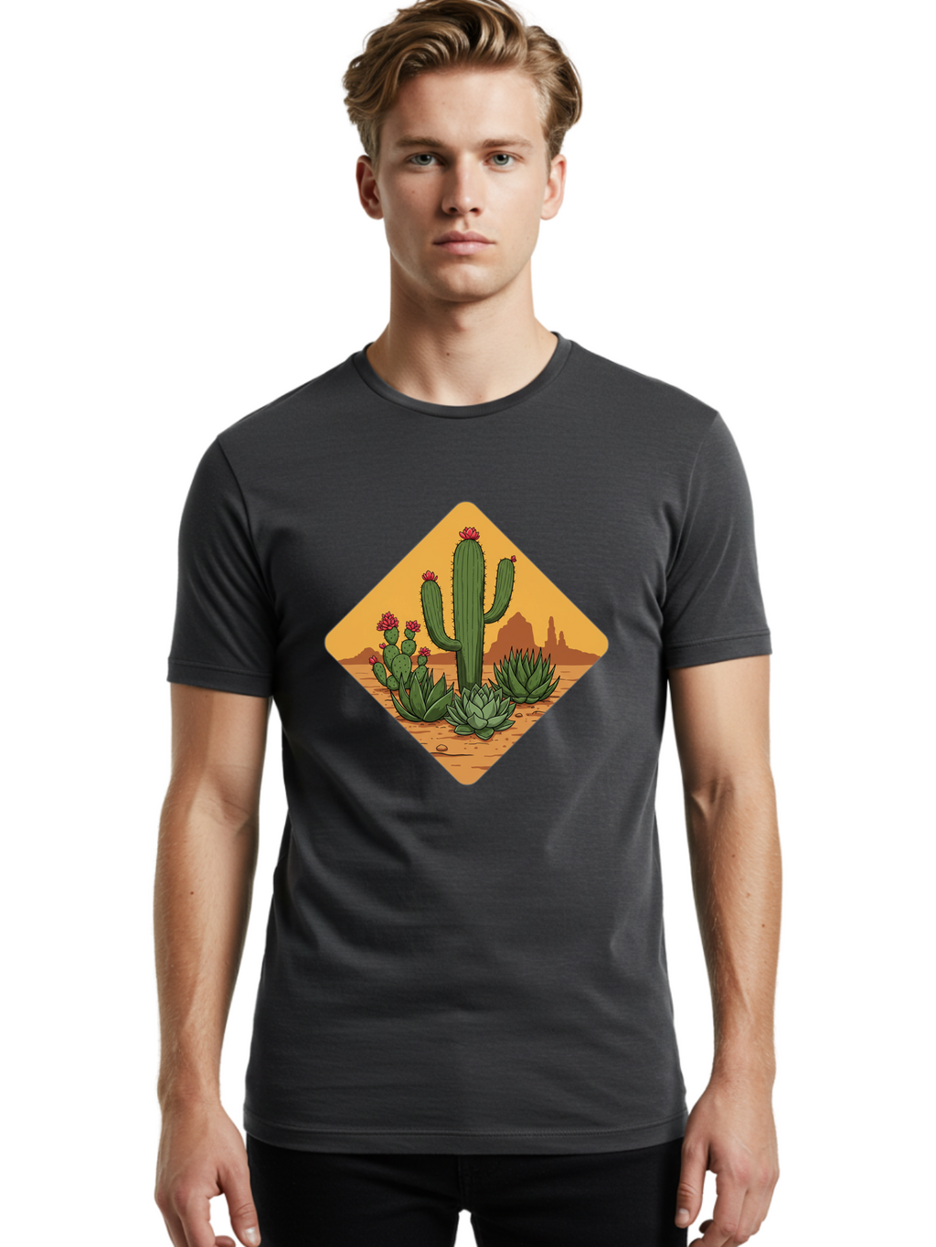 Desert-Succulents Men'S Graphic Tee, 100% Cotton, Comfortable Casual Summer Wear, Machine Washable, Desert Landscape, Cactus Plants, Succulents, Rocky Terrain, Arid Environment, Desert Flowers, Southwest Scenery, Dry Climate Bac995