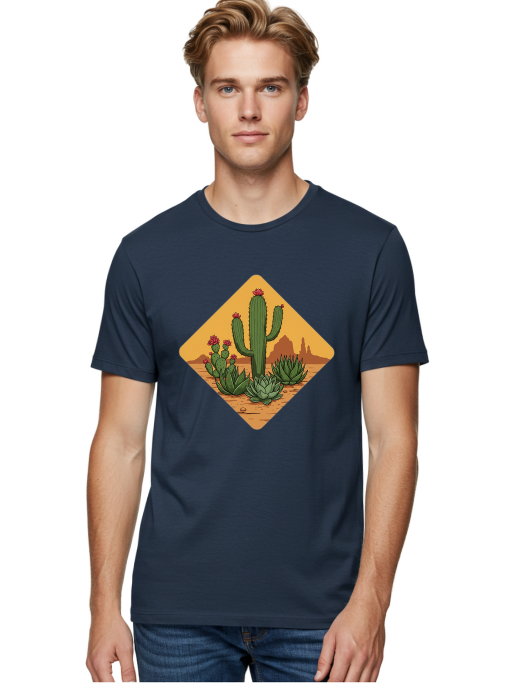Desert-Succulents Men'S Graphic Tee, 100% Cotton, Comfortable Casual Summer Wear, Machine Washable, Desert Landscape, Cactus Plants, Succulents, Rocky Terrain, Arid Environment, Desert Flowers, Southwest Scenery, Dry Climate Bac995