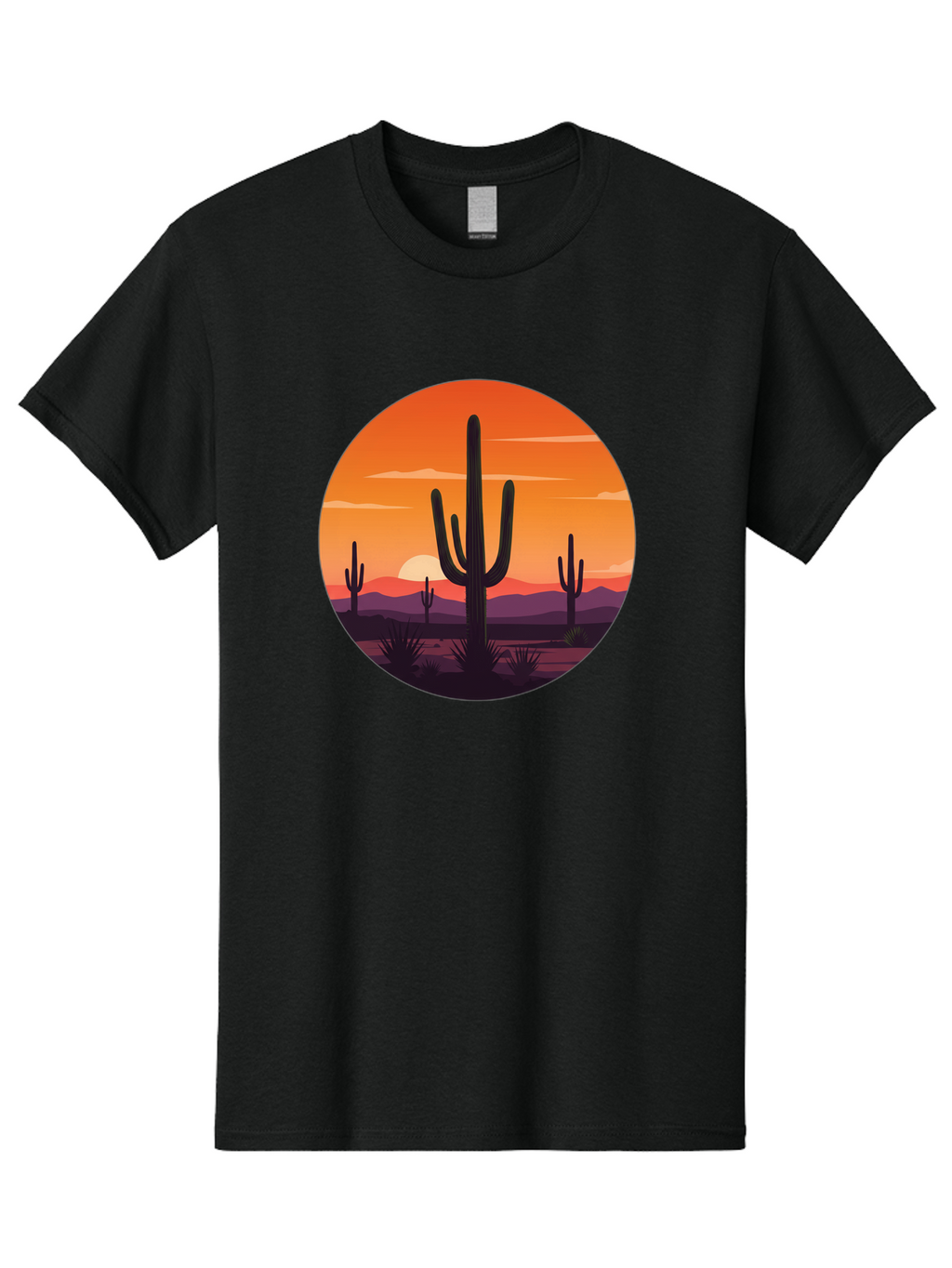 Desert-Sunset-1 Men'S Graphic Tee, 100% Cotton, Comfortable Casual Summer Wear, Machine Washable, Desert Landscape, Cactus Silhouette, Orange Sunset, Vibrant Colors, Serene Atmosphere, Natural Beauty, Outdoor Scenery, Majestic Mountains Bac996