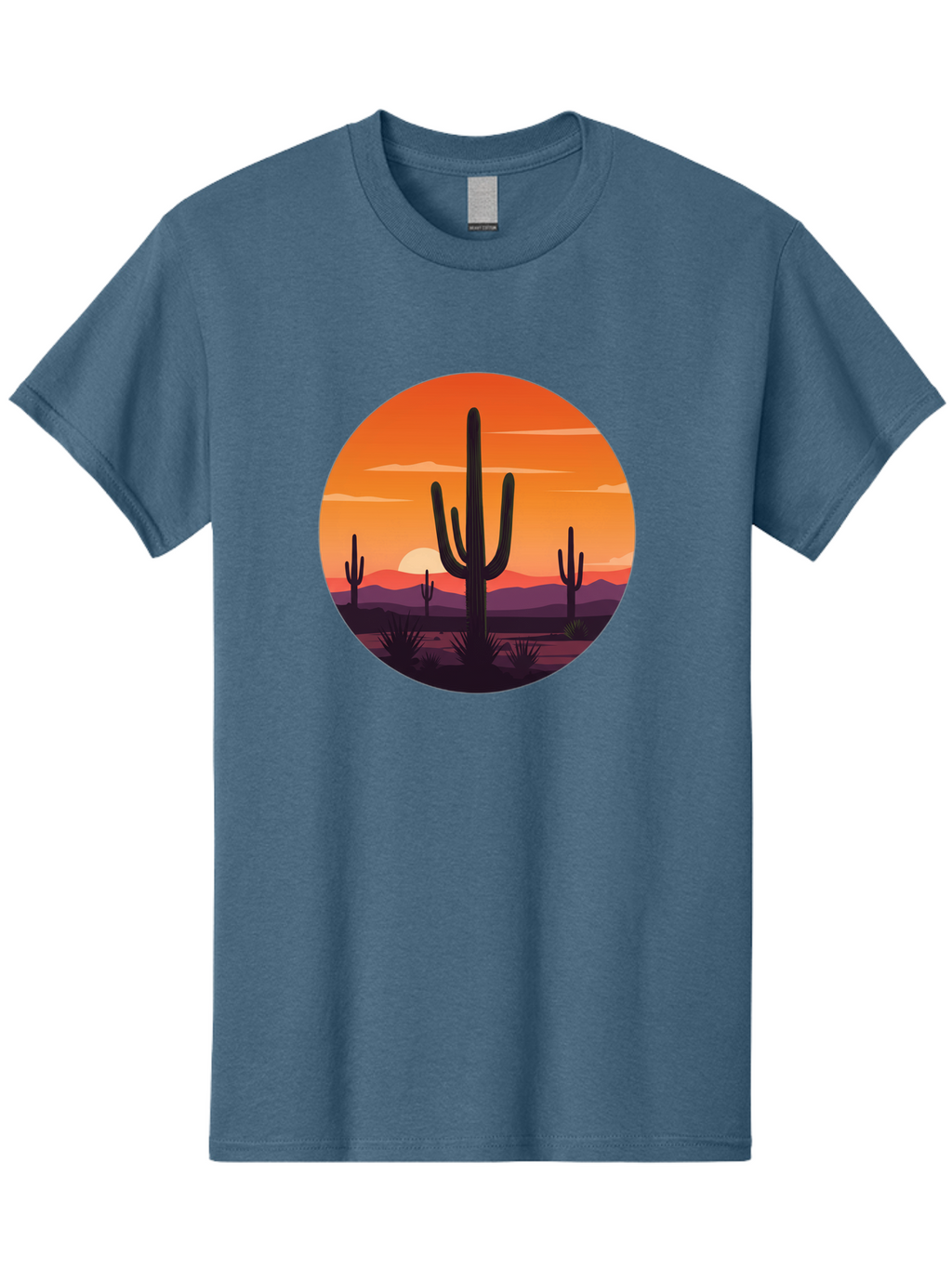 Desert-Sunset-1 Men'S Graphic Tee, 100% Cotton, Comfortable Casual Summer Wear, Machine Washable, Desert Landscape, Cactus Silhouette, Orange Sunset, Vibrant Colors, Serene Atmosphere, Natural Beauty, Outdoor Scenery, Majestic Mountains Bac996
