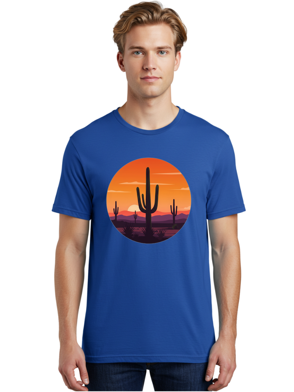 Desert-Sunset-1 Men'S Graphic Tee, 100% Cotton, Comfortable Casual Summer Wear, Machine Washable, Desert Landscape, Cactus Silhouette, Orange Sunset, Vibrant Colors, Serene Atmosphere, Natural Beauty, Outdoor Scenery, Majestic Mountains Bac996