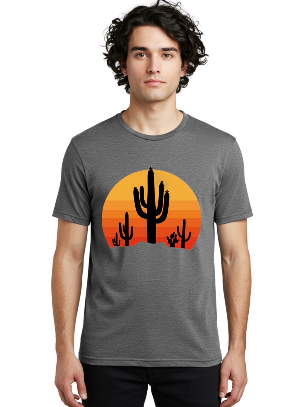 Desert-Sunset Men'S Graphic Tee, 100% Cotton, Comfortable Casual Summer Wear, Machine Washable, Desert Landscape, Cactus Silhouette, Sunset Colors, Orange Gradient, Warm Tones, Arid Scenery, Natural Beauty Bac997