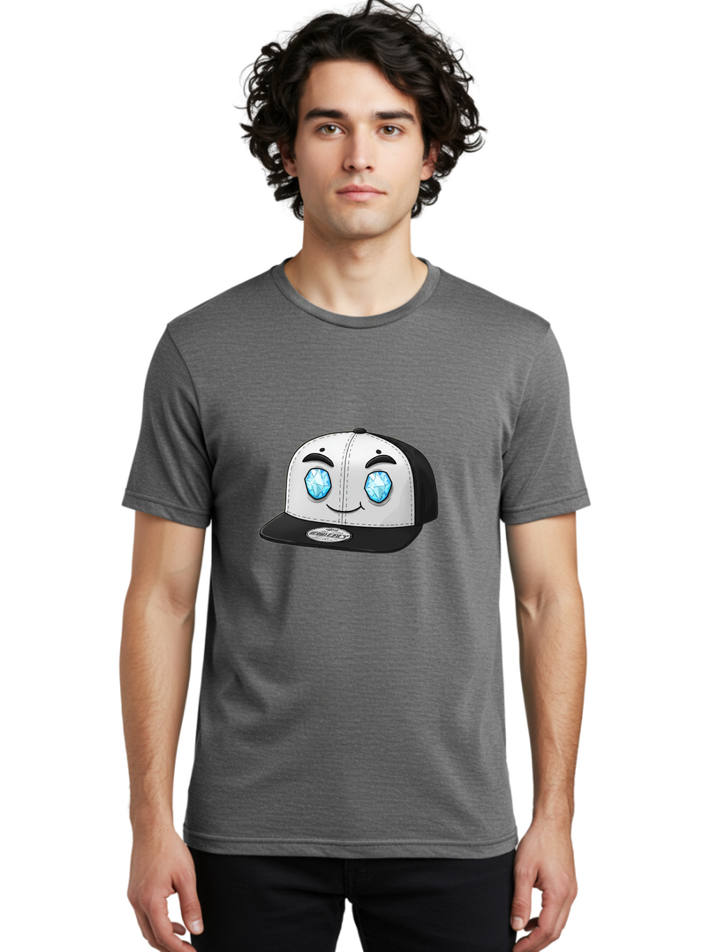 Diamond-Eyes-Cap Men'S Graphic Tee, 100% Cotton, Comfortable Casual Summer Wear, Machine Washable, Cartoon Hat, Black And White Cap, Diamond Eyes, Smiling Face, Streetwear Fashion, Urban Style, Cool Accessories, Trendy Clothing Bac998