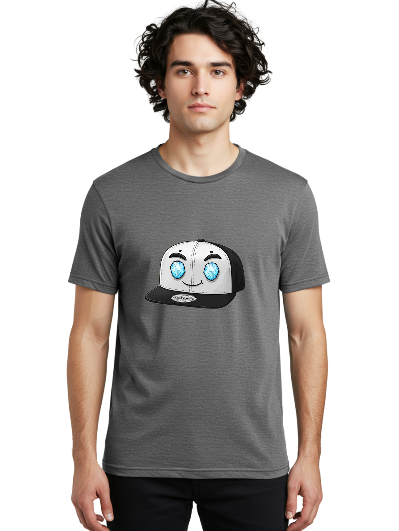 Diamond-Eyes-Cap Men'S Graphic Tee, 100% Cotton, Comfortable Casual Summer Wear, Machine Washable, Cartoon Hat, Black And White Cap, Diamond Eyes, Smiling Face, Streetwear Fashion, Urban Style, Cool Accessories, Trendy Clothing Bac998