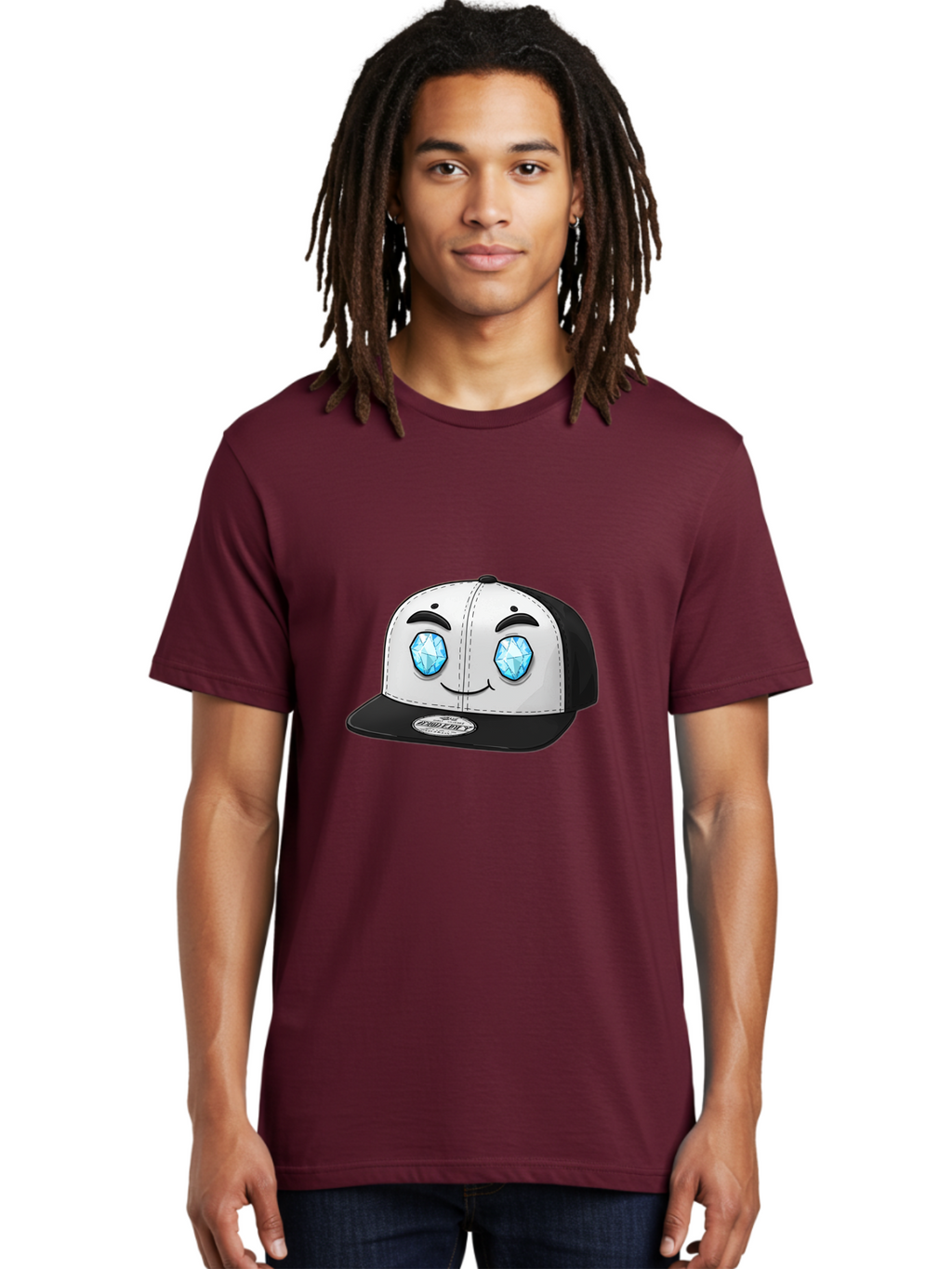Diamond-Eyes-Cap Men'S Graphic Tee, 100% Cotton, Comfortable Casual Summer Wear, Machine Washable, Cartoon Hat, Black And White Cap, Diamond Eyes, Smiling Face, Streetwear Fashion, Urban Style, Cool Accessories, Trendy Clothing Bac998