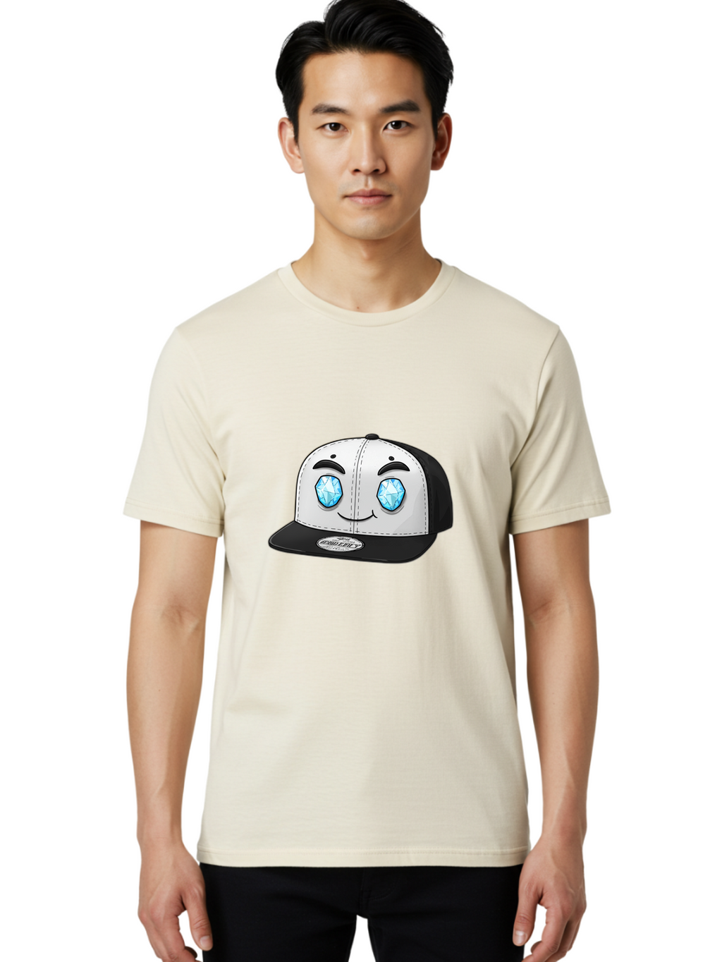 Diamond-Eyes-Cap Men'S Graphic Tee, 100% Cotton, Comfortable Casual Summer Wear, Machine Washable, Cartoon Hat, Black And White Cap, Diamond Eyes, Smiling Face, Streetwear Fashion, Urban Style, Cool Accessories, Trendy Clothing Bac998