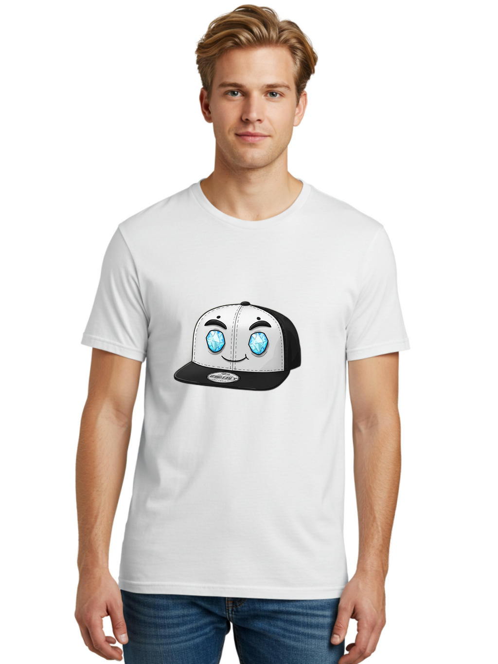 Diamond-Eyes-Cap Men'S Graphic Tee, 100% Cotton, Comfortable Casual Summer Wear, Machine Washable, Cartoon Hat, Black And White Cap, Diamond Eyes, Smiling Face, Streetwear Fashion, Urban Style, Cool Accessories, Trendy Clothing Bac998