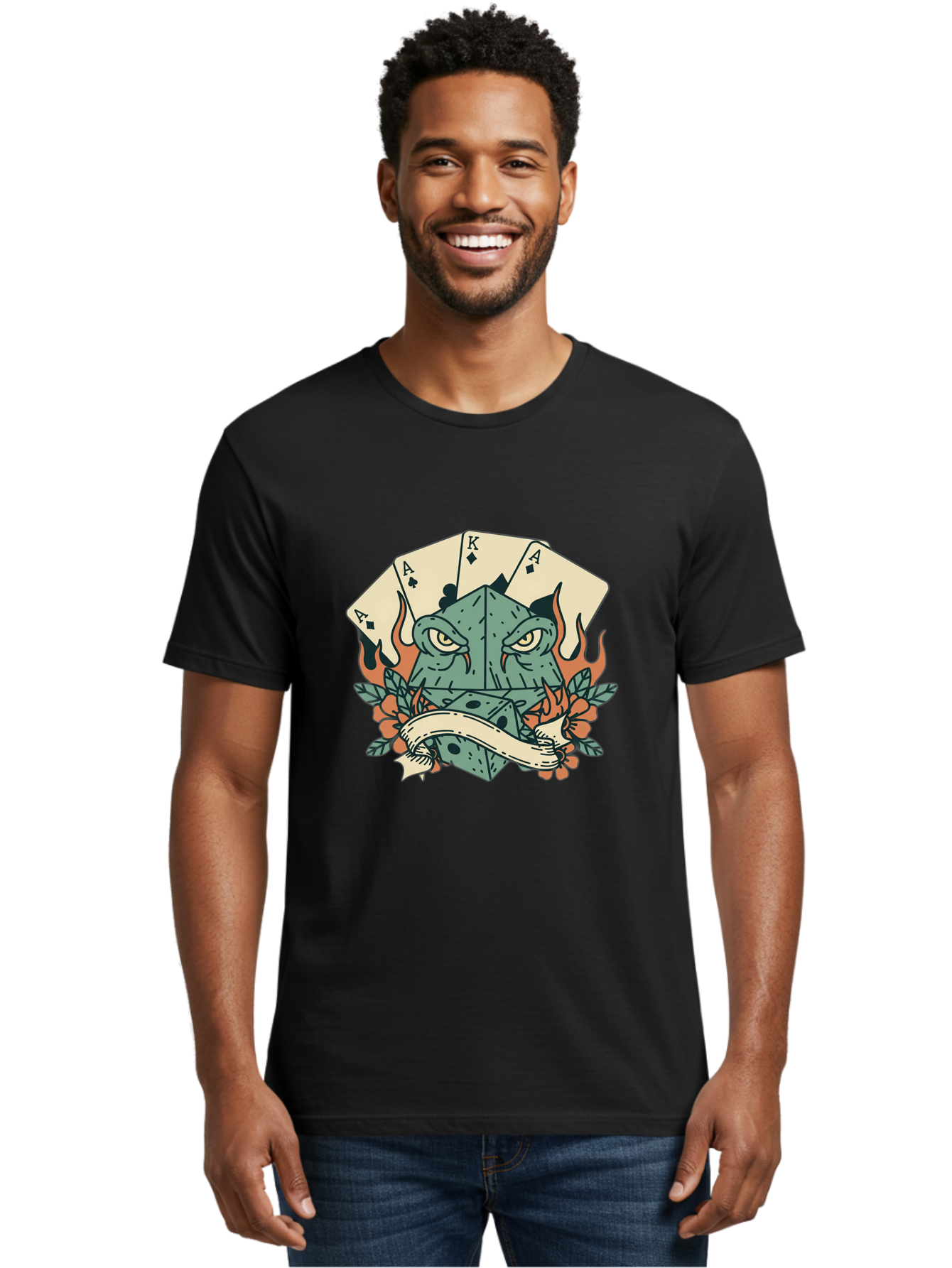 Dice-Face-With-Playing-Cards Men'S Graphic Tee, 100% Cotton, Comfortable Casual Summer Wear, Machine Washable, Dice With Face, Playing Cards, Tattoo Art, Dice Tattoo, Playing Card Tattoo, Lucky Dice, Vibrant Design, Creative Artwork, Bac999
