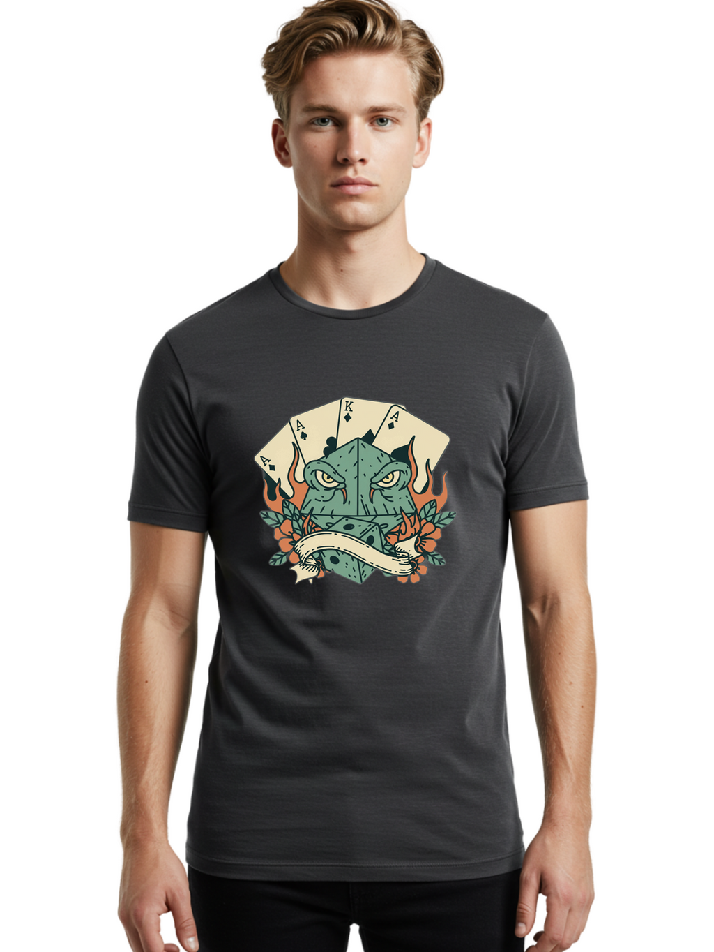 Dice-Face-With-Playing-Cards Men'S Graphic Tee, 100% Cotton, Comfortable Casual Summer Wear, Machine Washable, Dice With Face, Playing Cards, Tattoo Art, Dice Tattoo, Playing Card Tattoo, Lucky Dice, Vibrant Design, Creative Artwork, Bac999