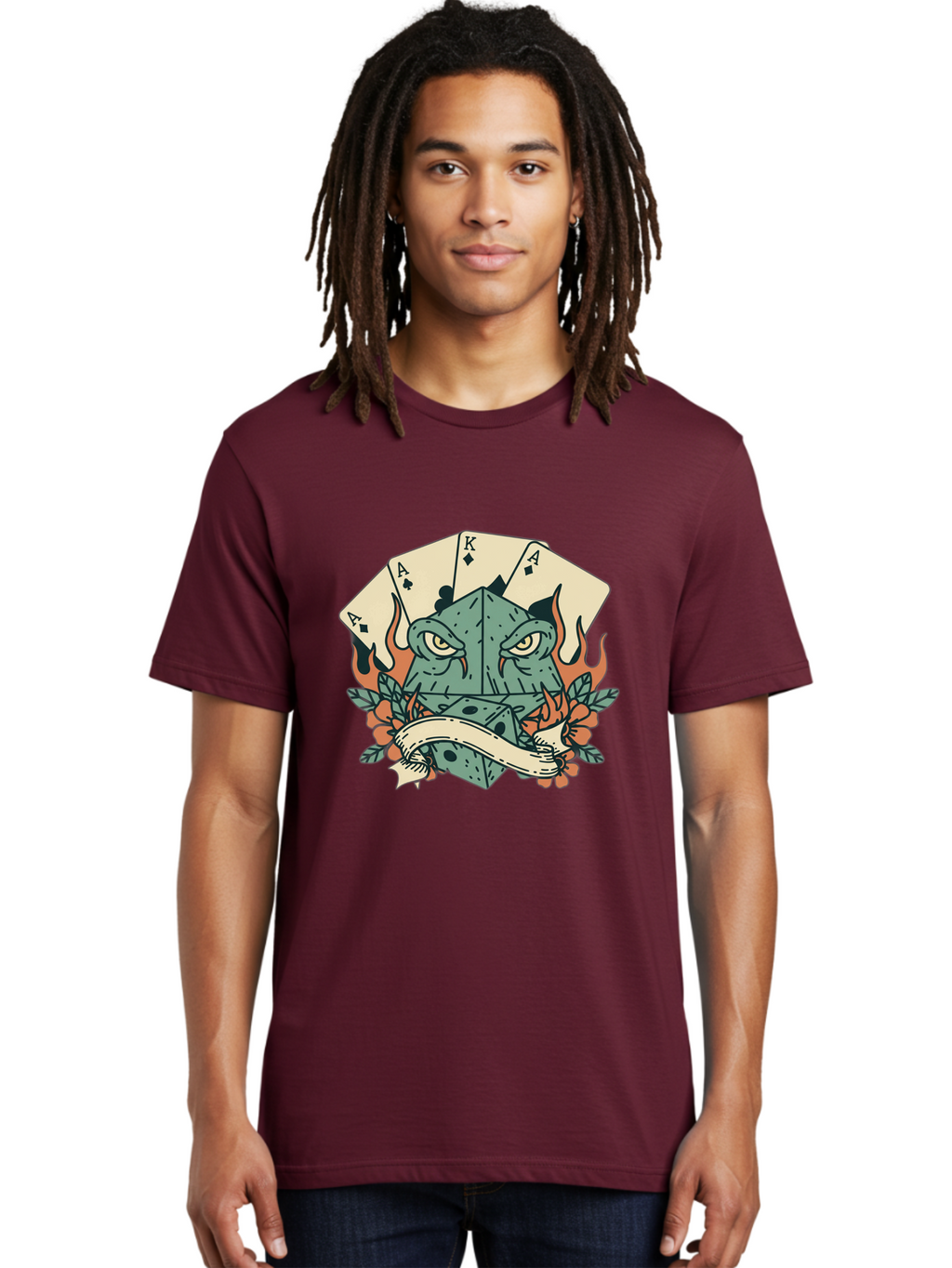 Dice-Face-With-Playing-Cards Men'S Graphic Tee, 100% Cotton, Comfortable Casual Summer Wear, Machine Washable, Dice With Face, Playing Cards, Tattoo Art, Dice Tattoo, Playing Card Tattoo, Lucky Dice, Vibrant Design, Creative Artwork, Bac999