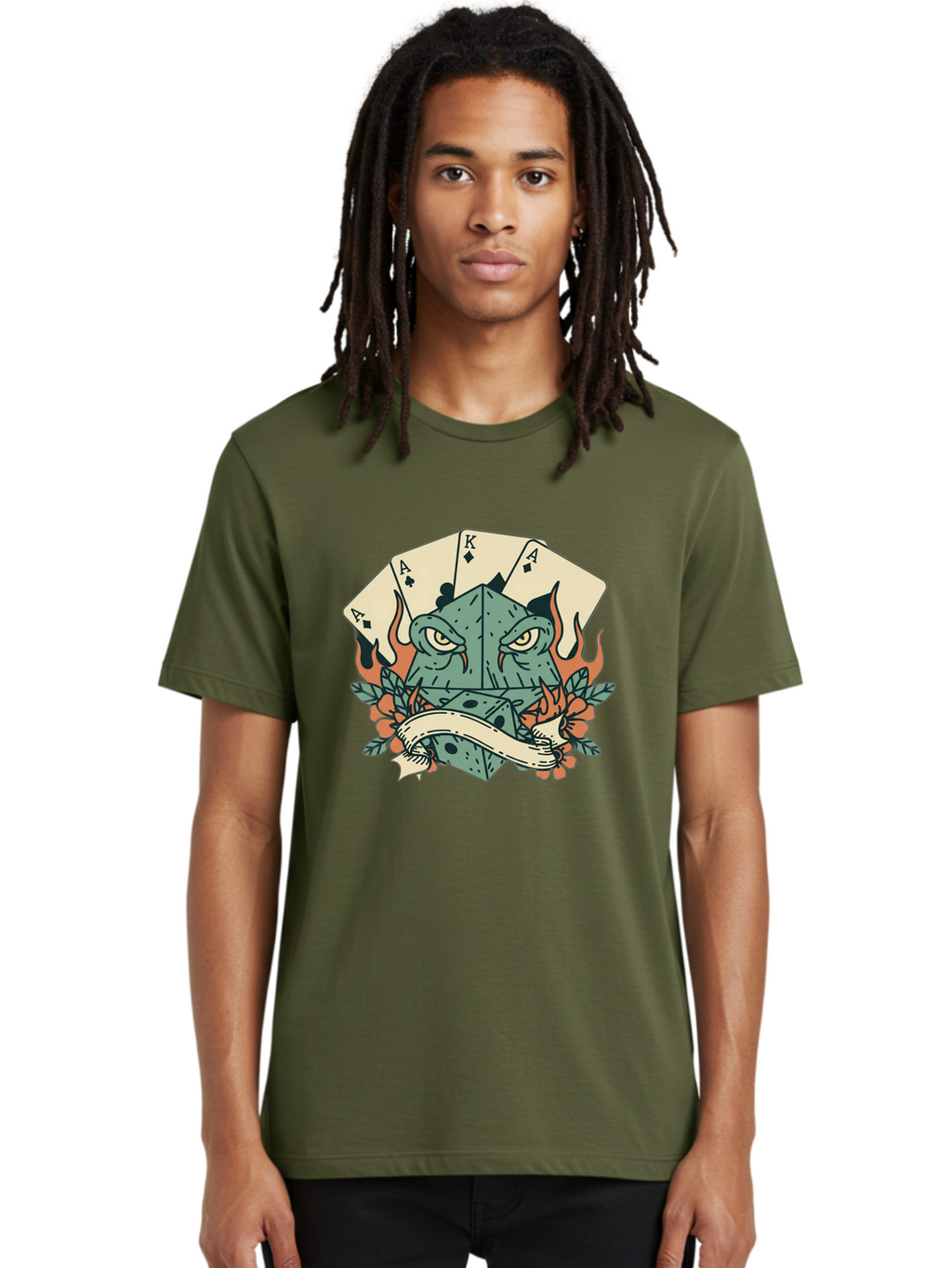 Dice-Face-With-Playing-Cards Men'S Graphic Tee, 100% Cotton, Comfortable Casual Summer Wear, Machine Washable, Dice With Face, Playing Cards, Tattoo Art, Dice Tattoo, Playing Card Tattoo, Lucky Dice, Vibrant Design, Creative Artwork, Bac999