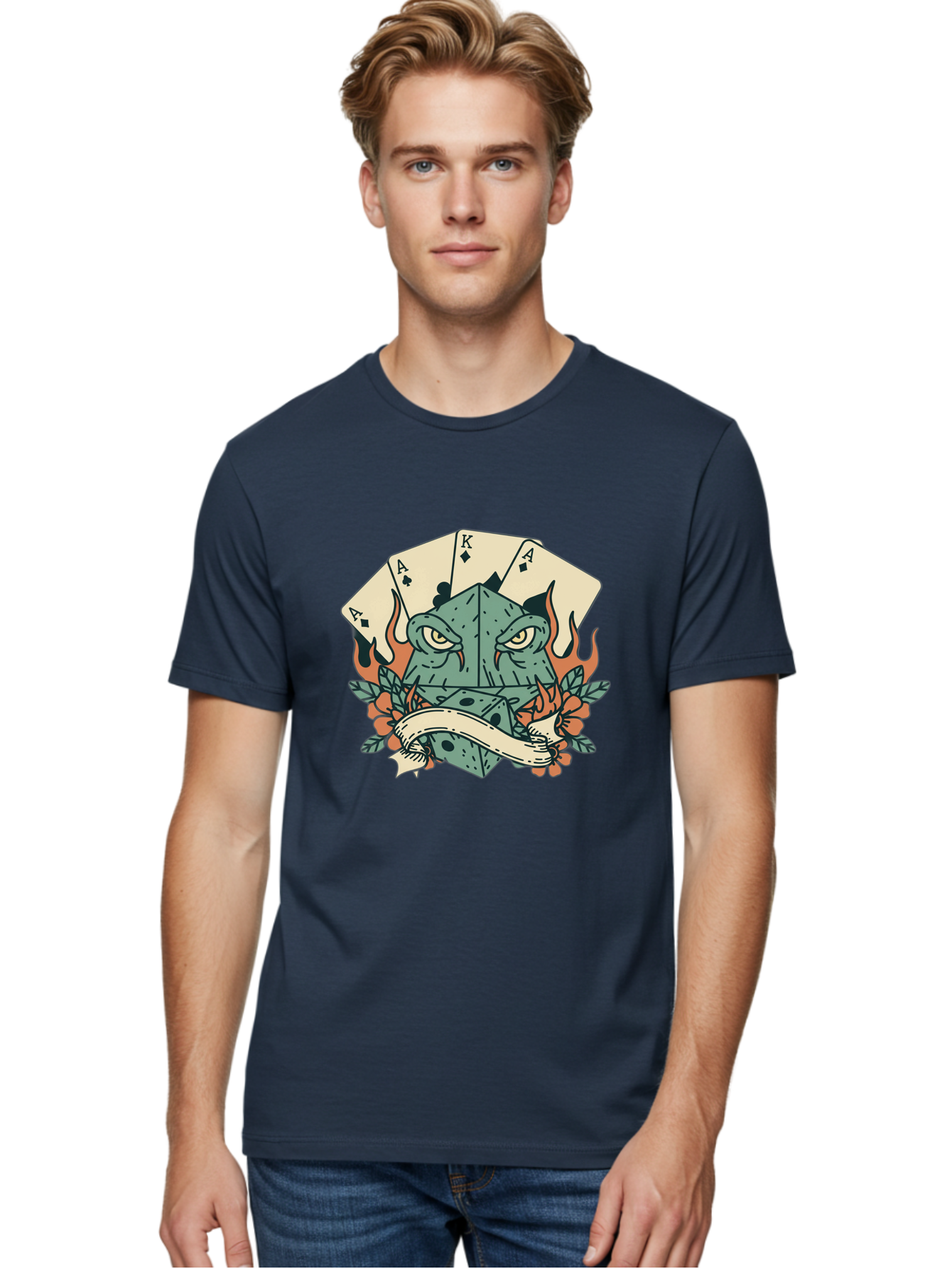 Dice-Face-With-Playing-Cards Men'S Graphic Tee, 100% Cotton, Comfortable Casual Summer Wear, Machine Washable, Dice With Face, Playing Cards, Tattoo Art, Dice Tattoo, Playing Card Tattoo, Lucky Dice, Vibrant Design, Creative Artwork, Bac999